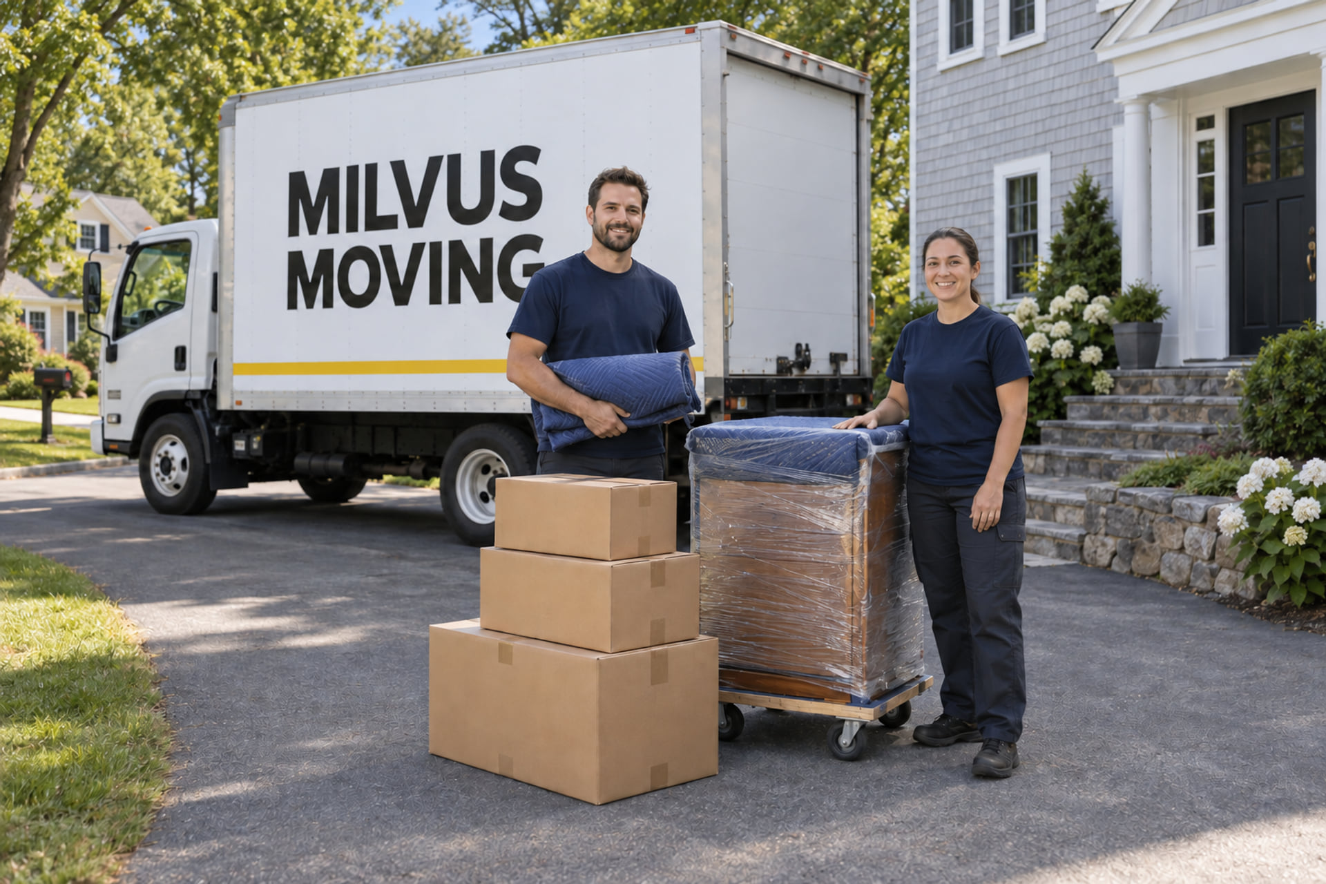 Movers organizing cartons beside a household moving truck