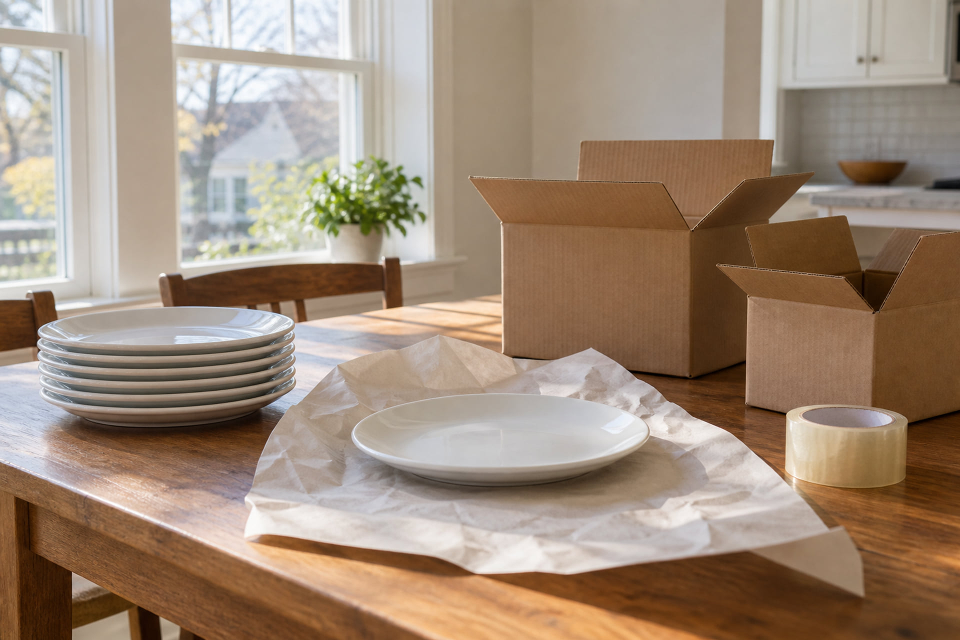 Wrapping paper and dishes prepared for packing