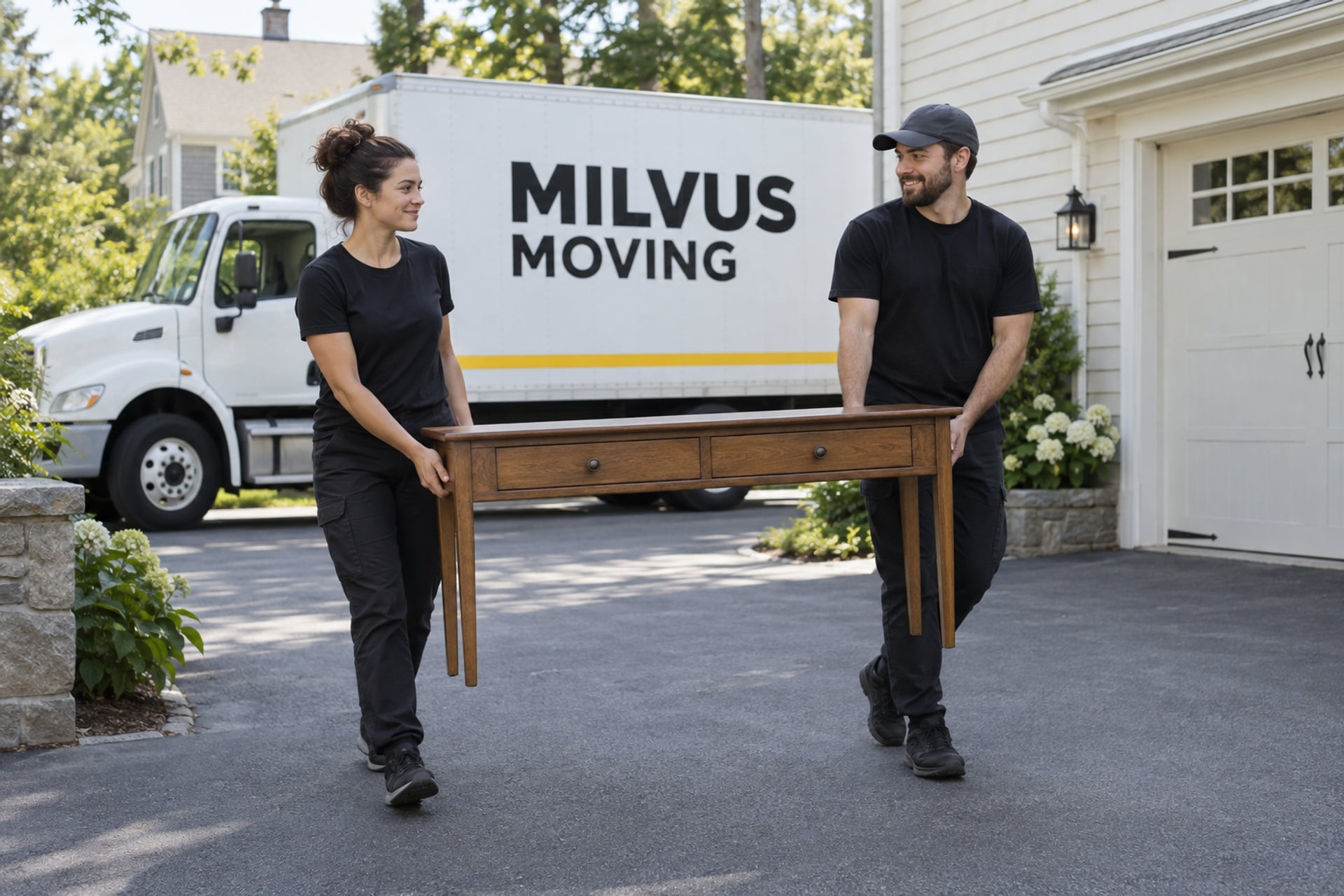 Movers carrying furniture along a suburban driveway