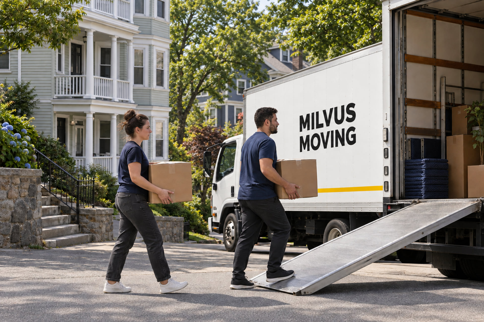 A moving crew beside a Boston walk-up apartment building