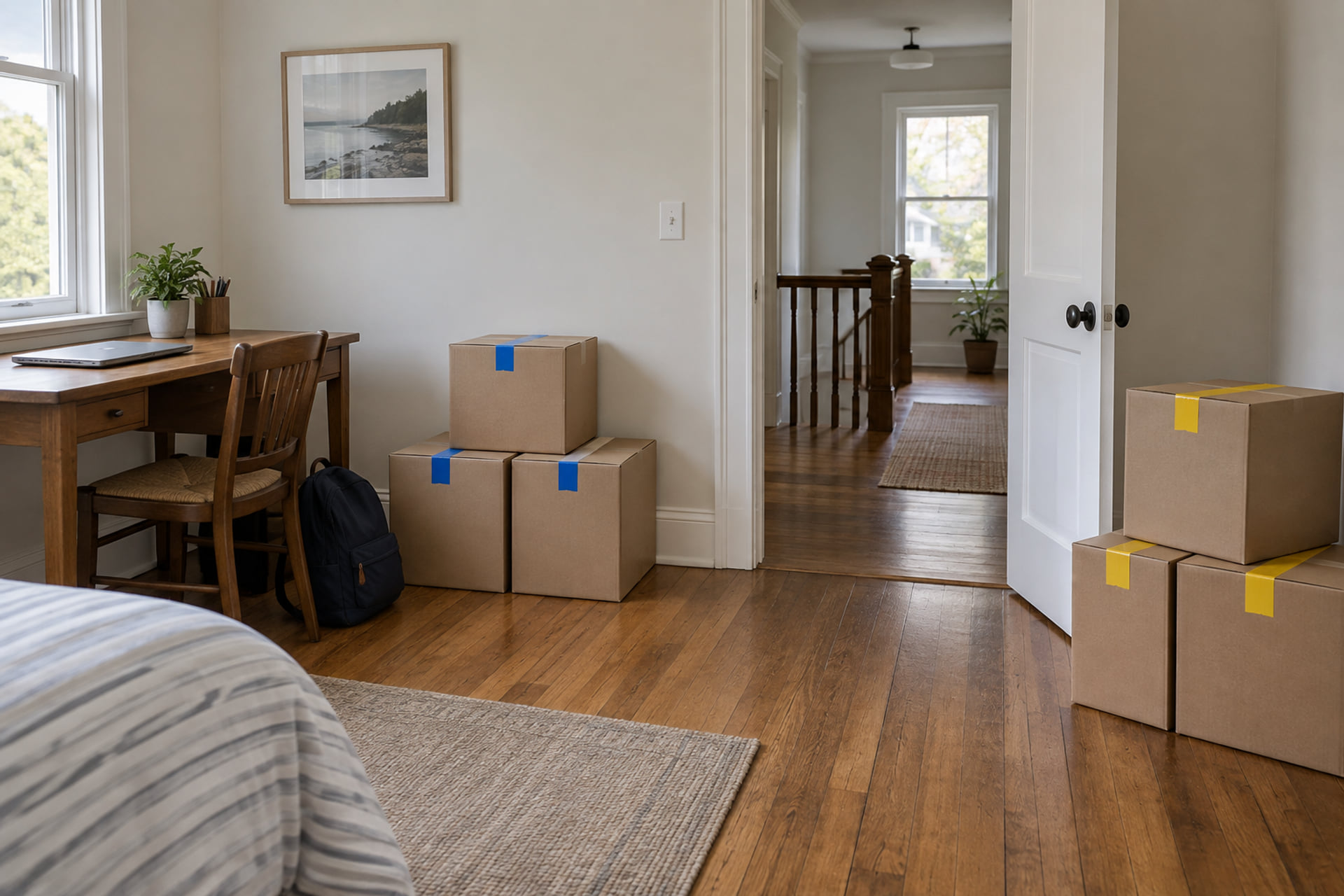 Labeled room cartons inside a shared apartment