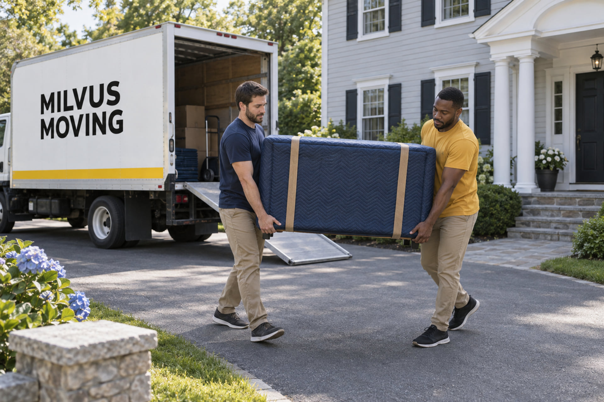 Movers handling a protected furniture load at a suburban home