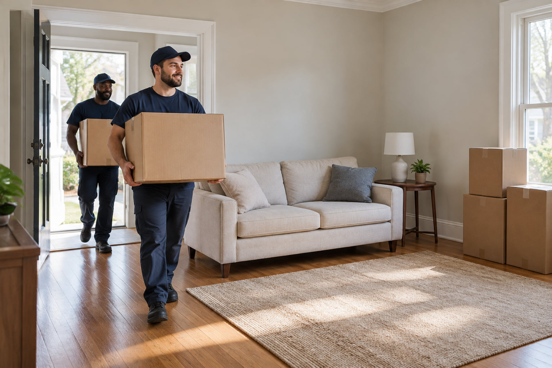 Movers bringing cartons into a receiving room with clear furniture access