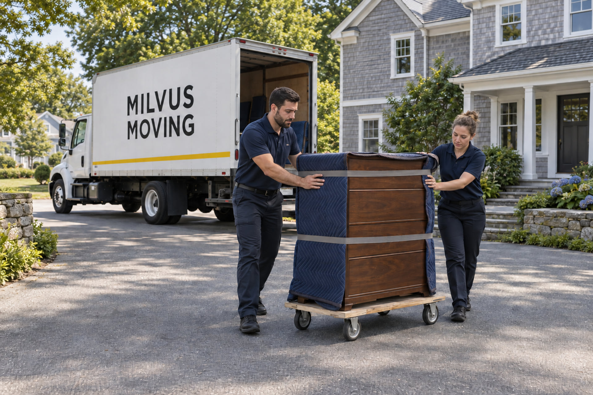 A moving crew beside a family home with a protected furniture load