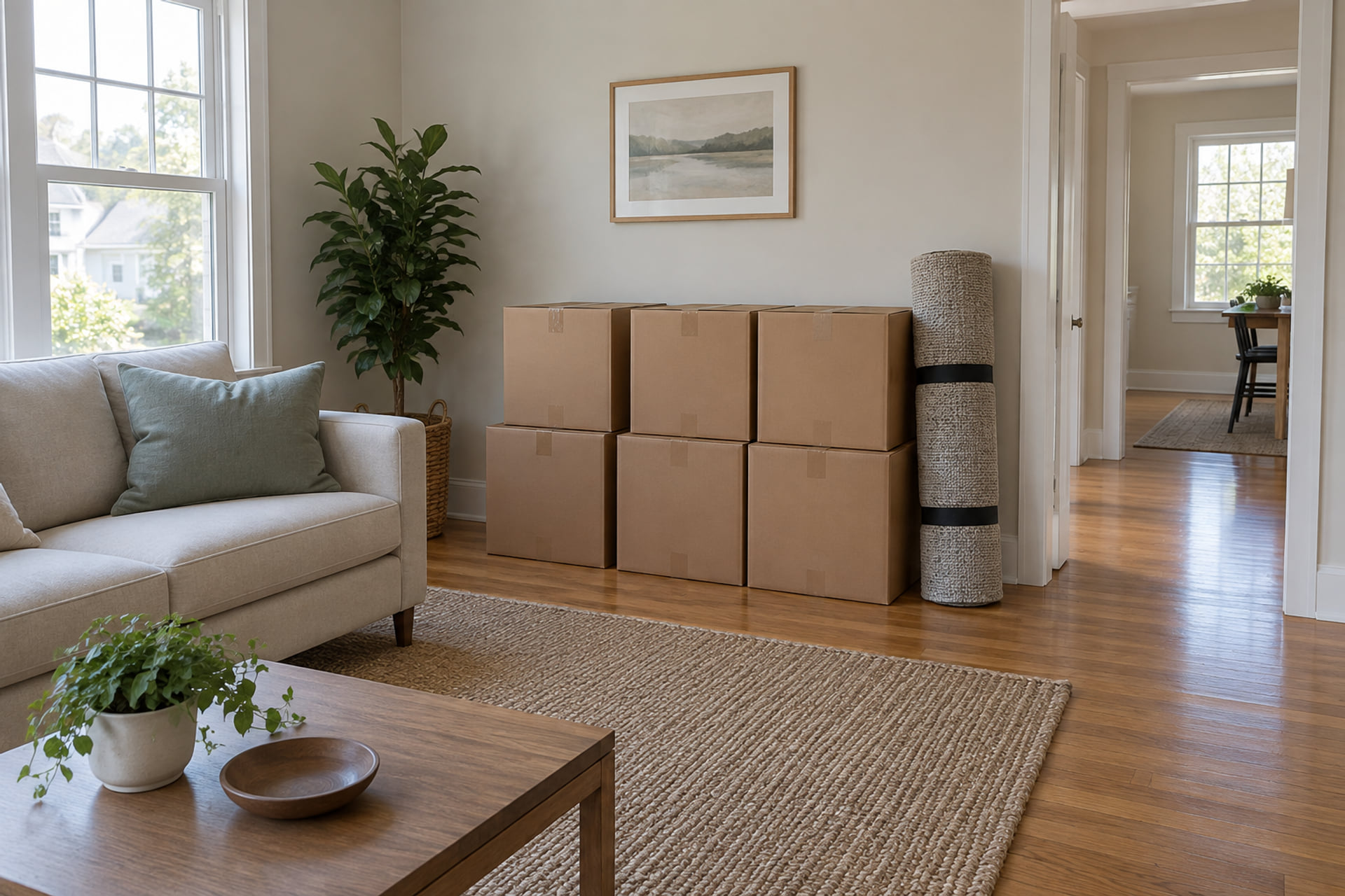 Packed household belongings in a family room