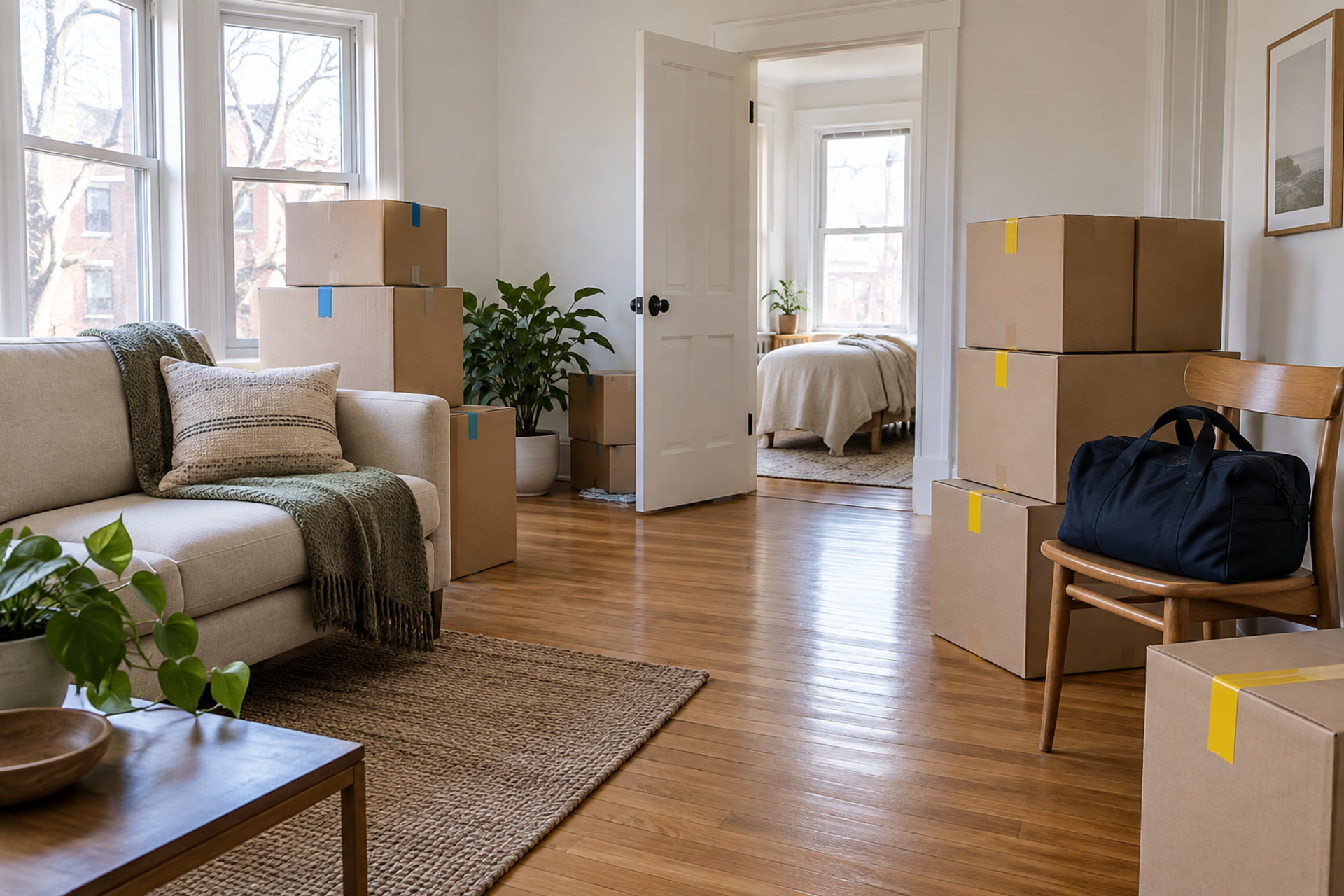 An apartment with cartons prepared by room