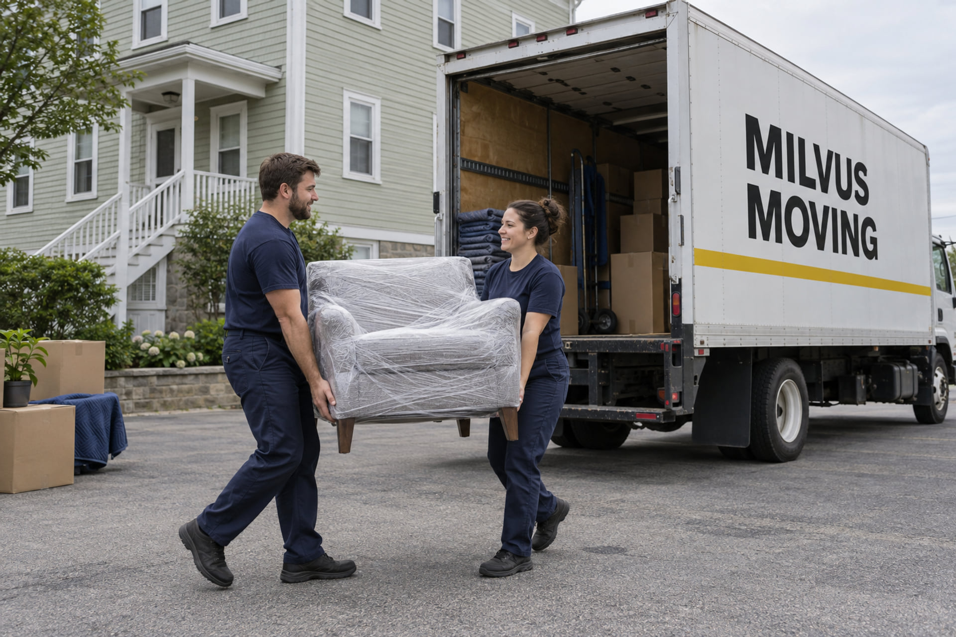 Movers carrying a wrapped chair outside a wooden apartment building