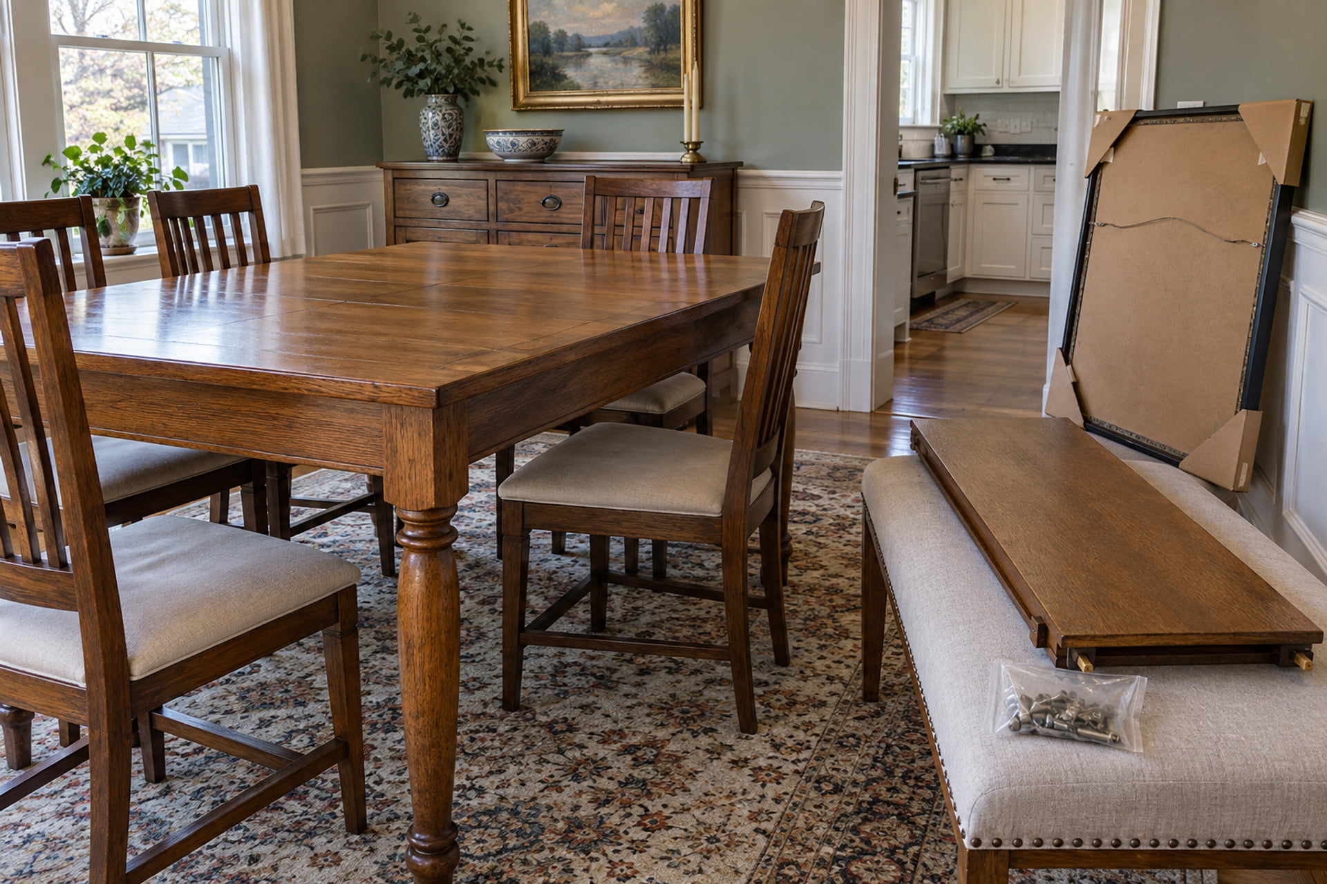 Furniture components and protected framed artwork inside a home