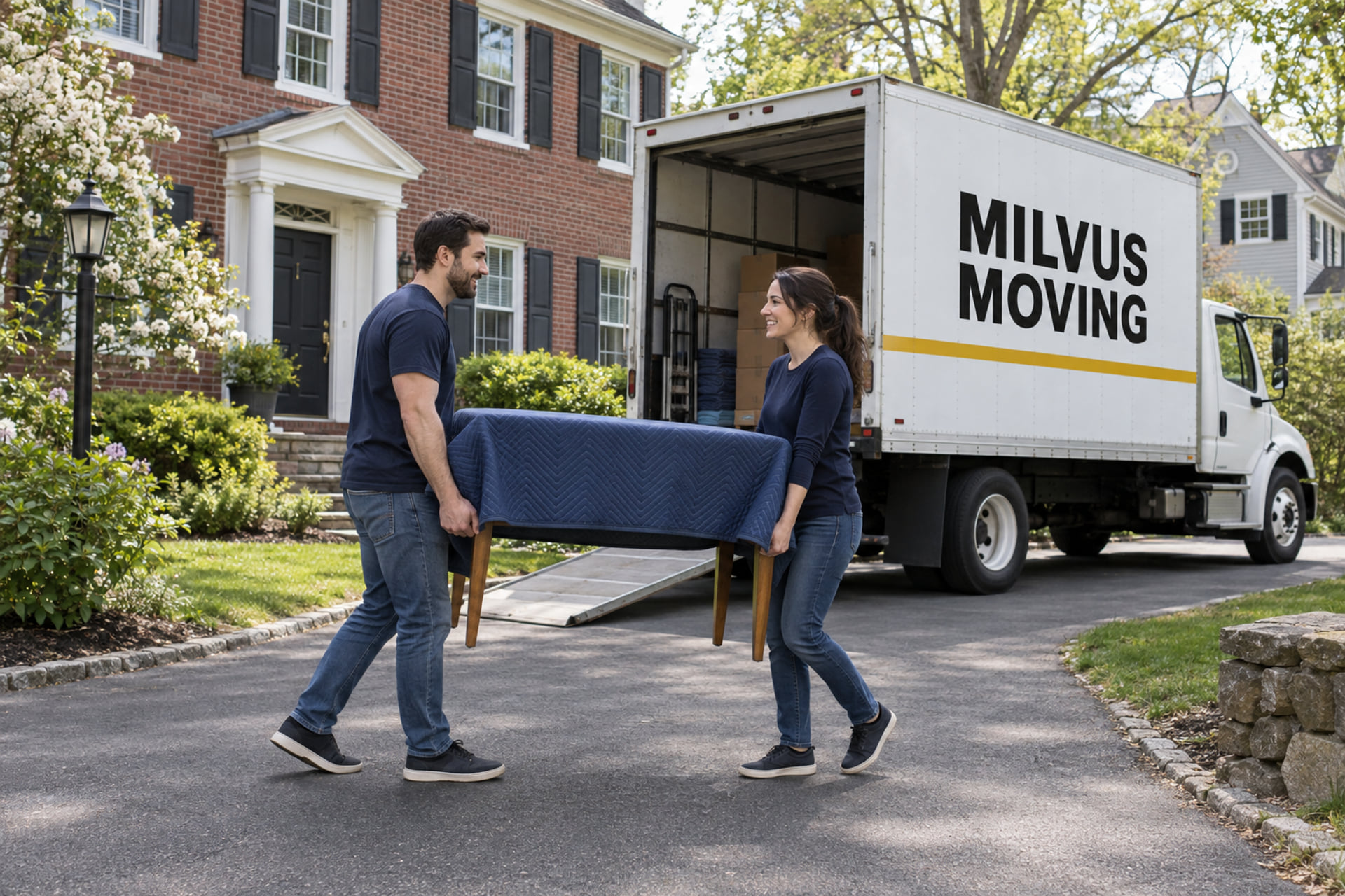 Movers carrying a protected table outside a village home