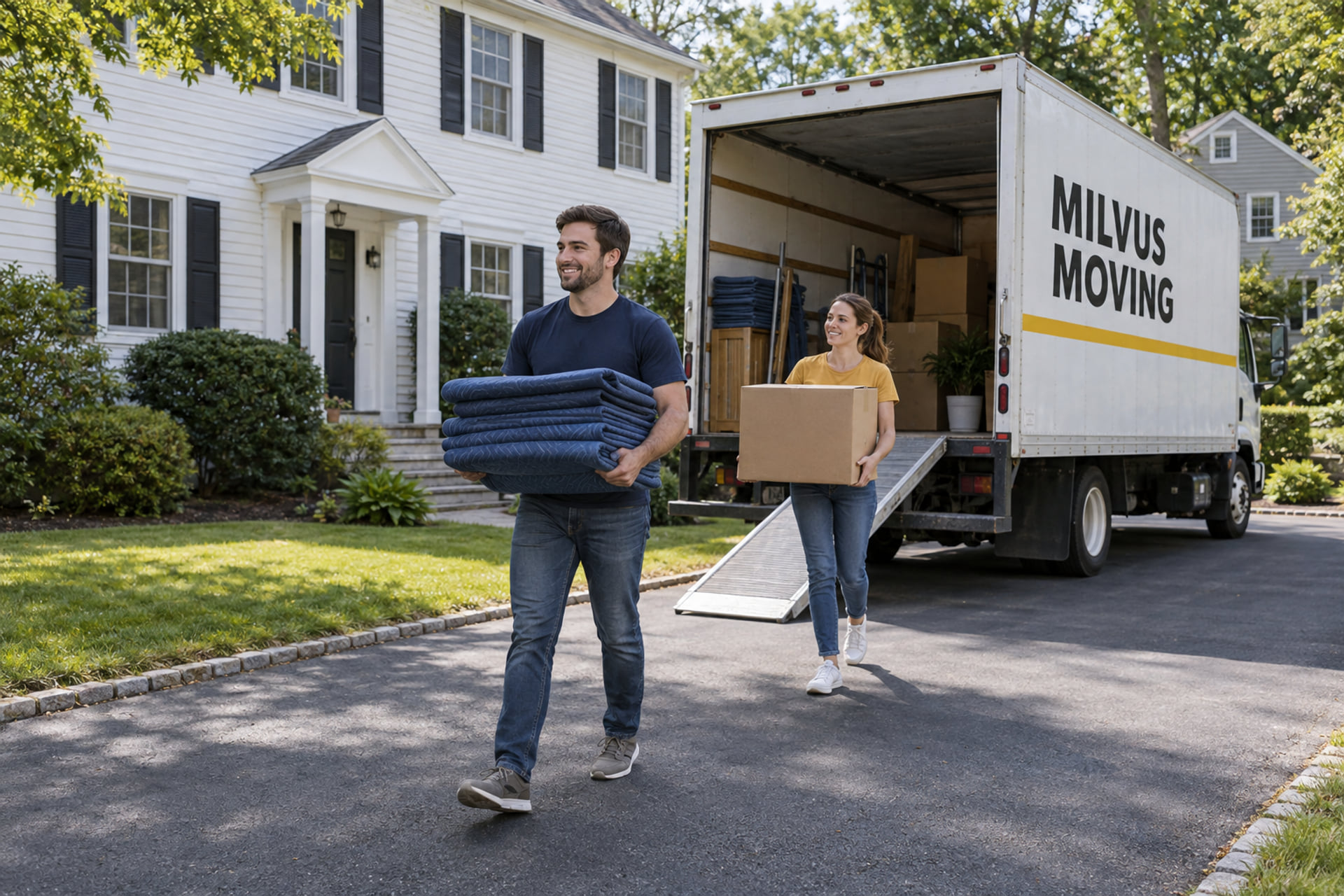 Movers organizing a household load outside a family home