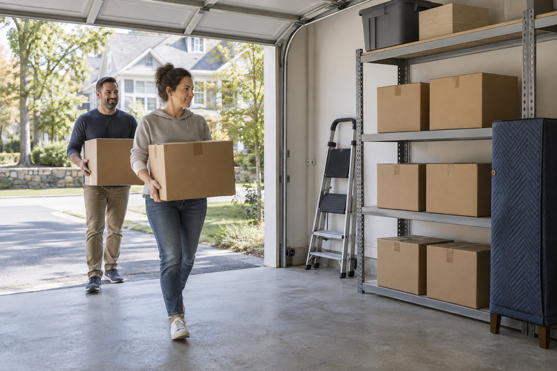 Two people carrying cartons into a garage with prepared stored belongings