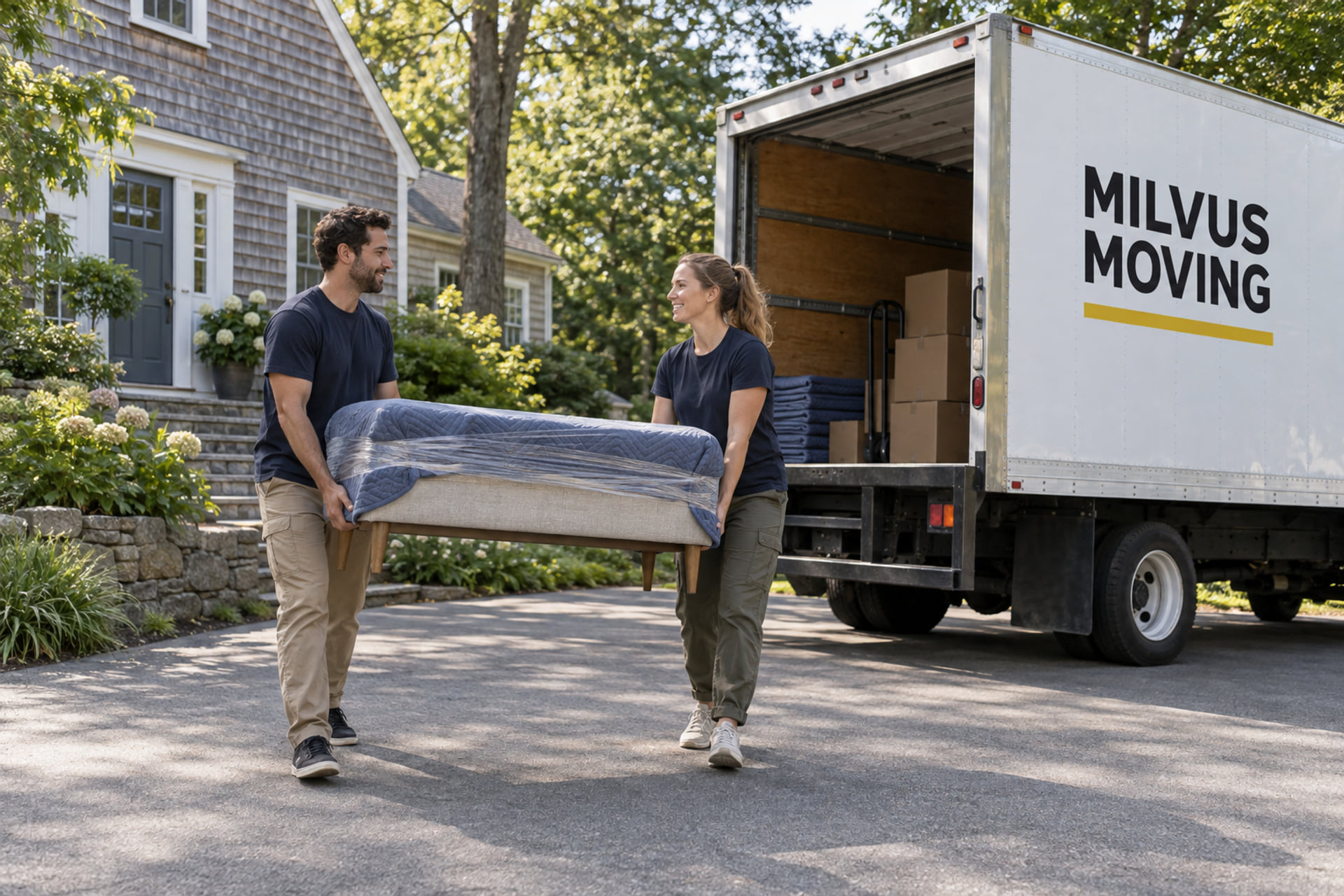 A moving truck and crew outside a North Shore home