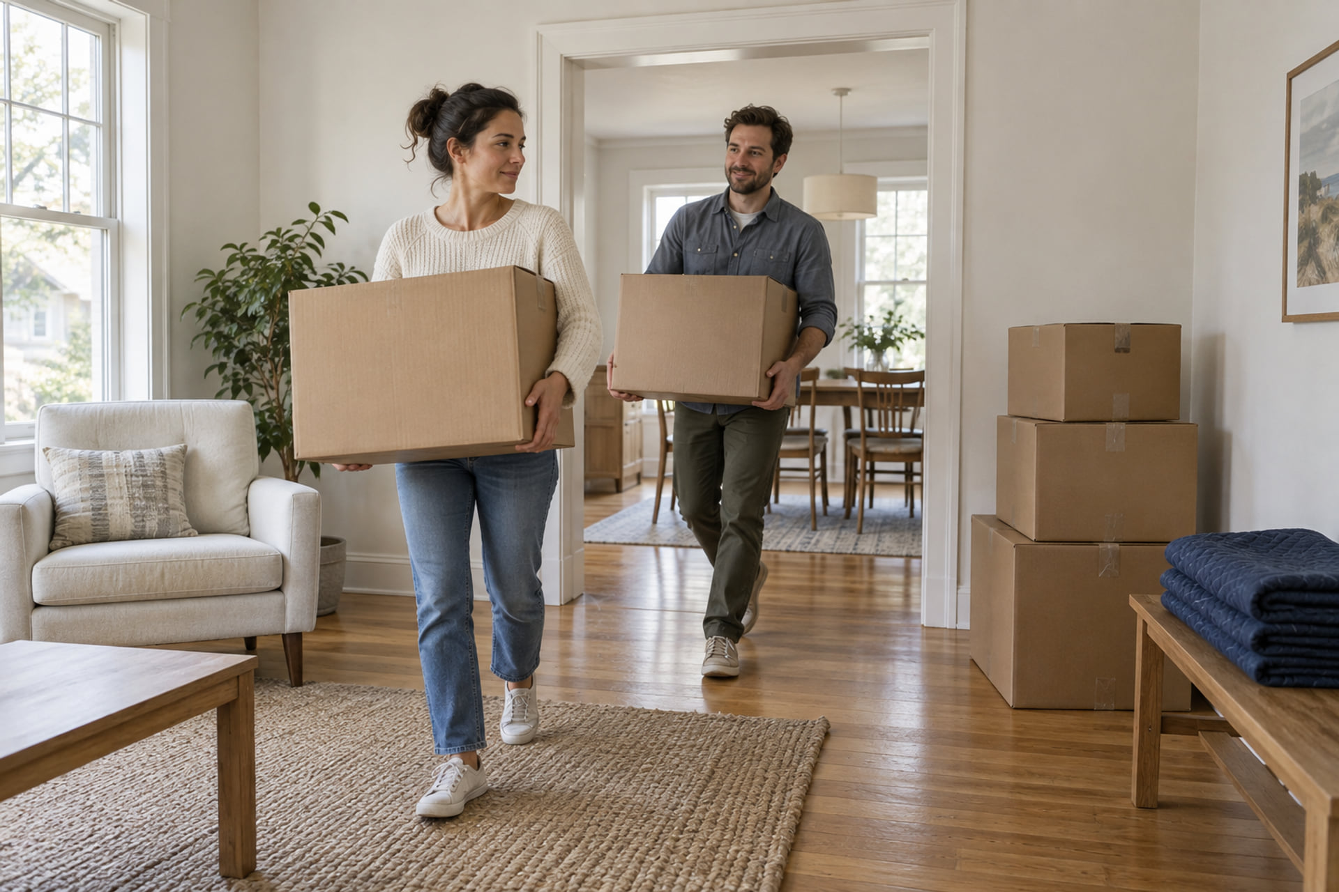 Two people carrying cartons through a clear receiving room