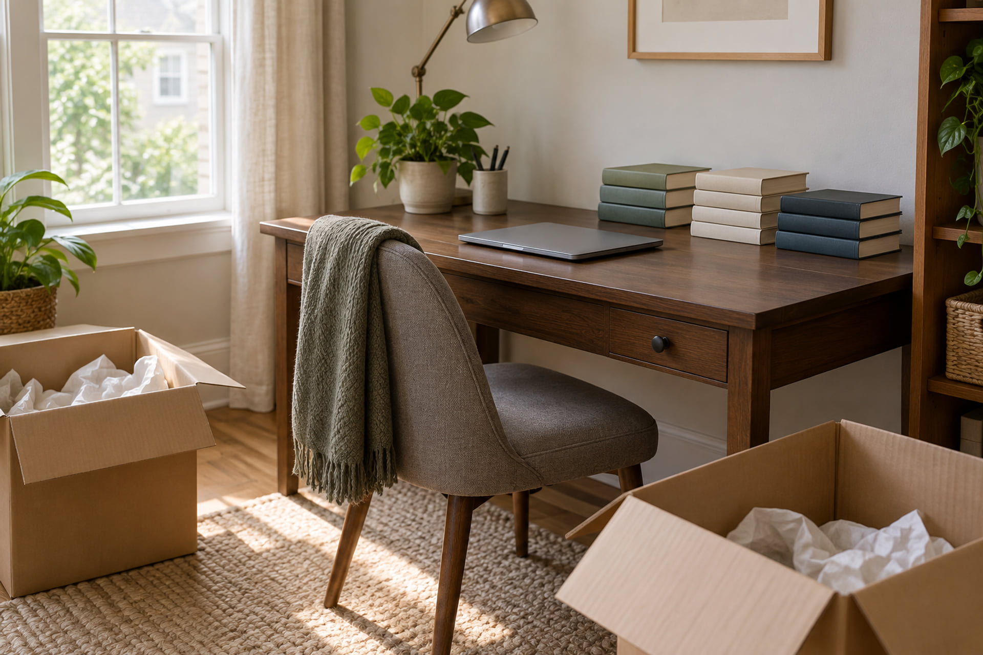 A study with books and equipment prepared for a household move