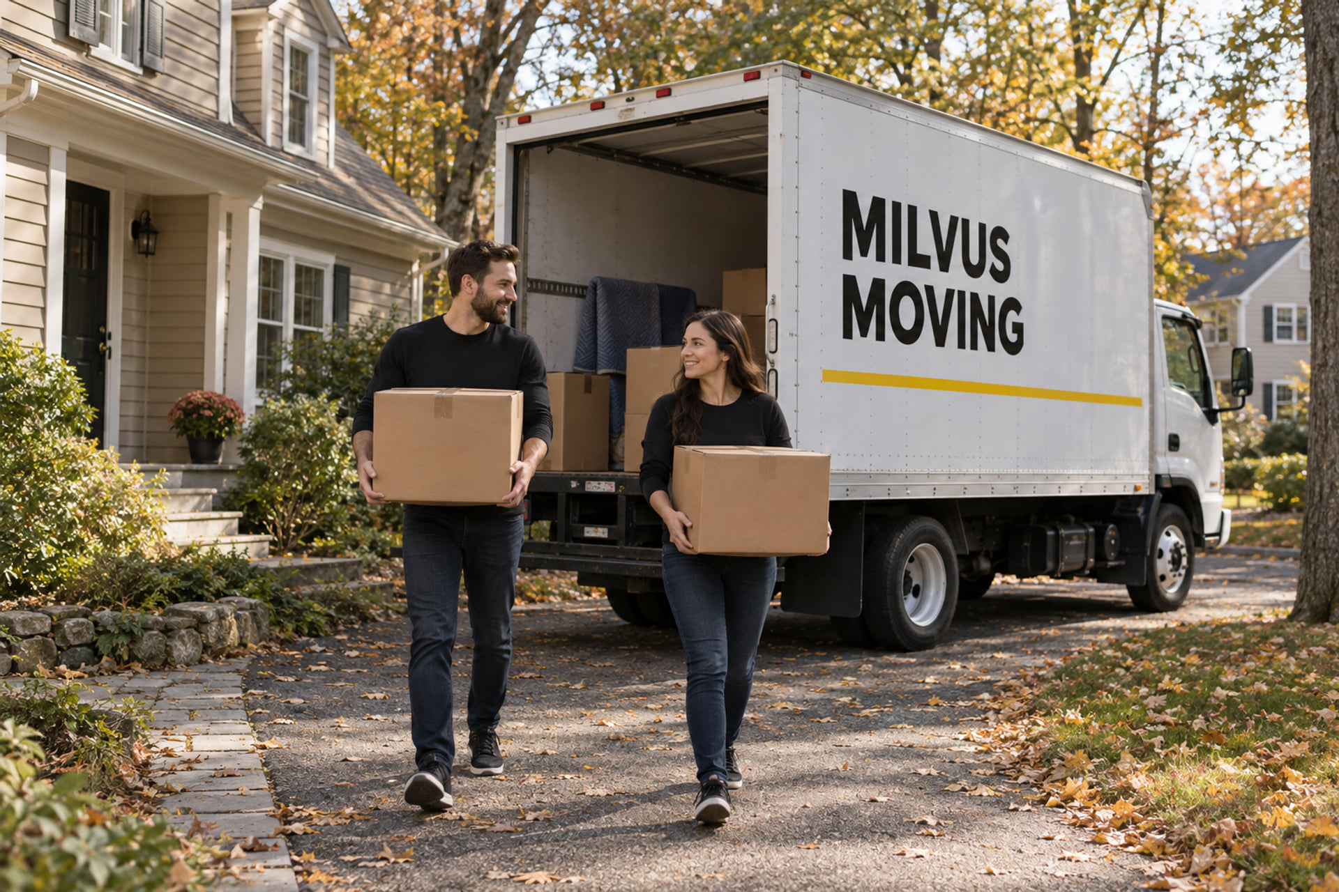 Movers carrying cartons beside a Pioneer Valley home