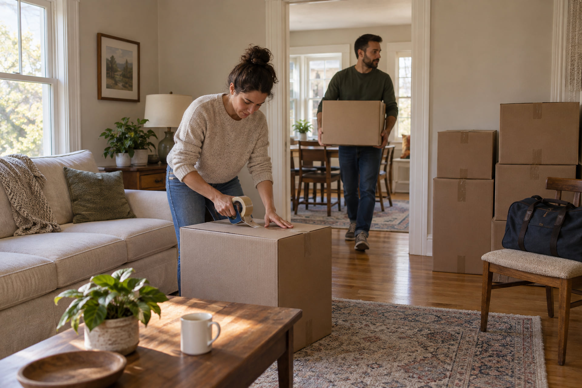 Two people packing cartons in an occupied living room