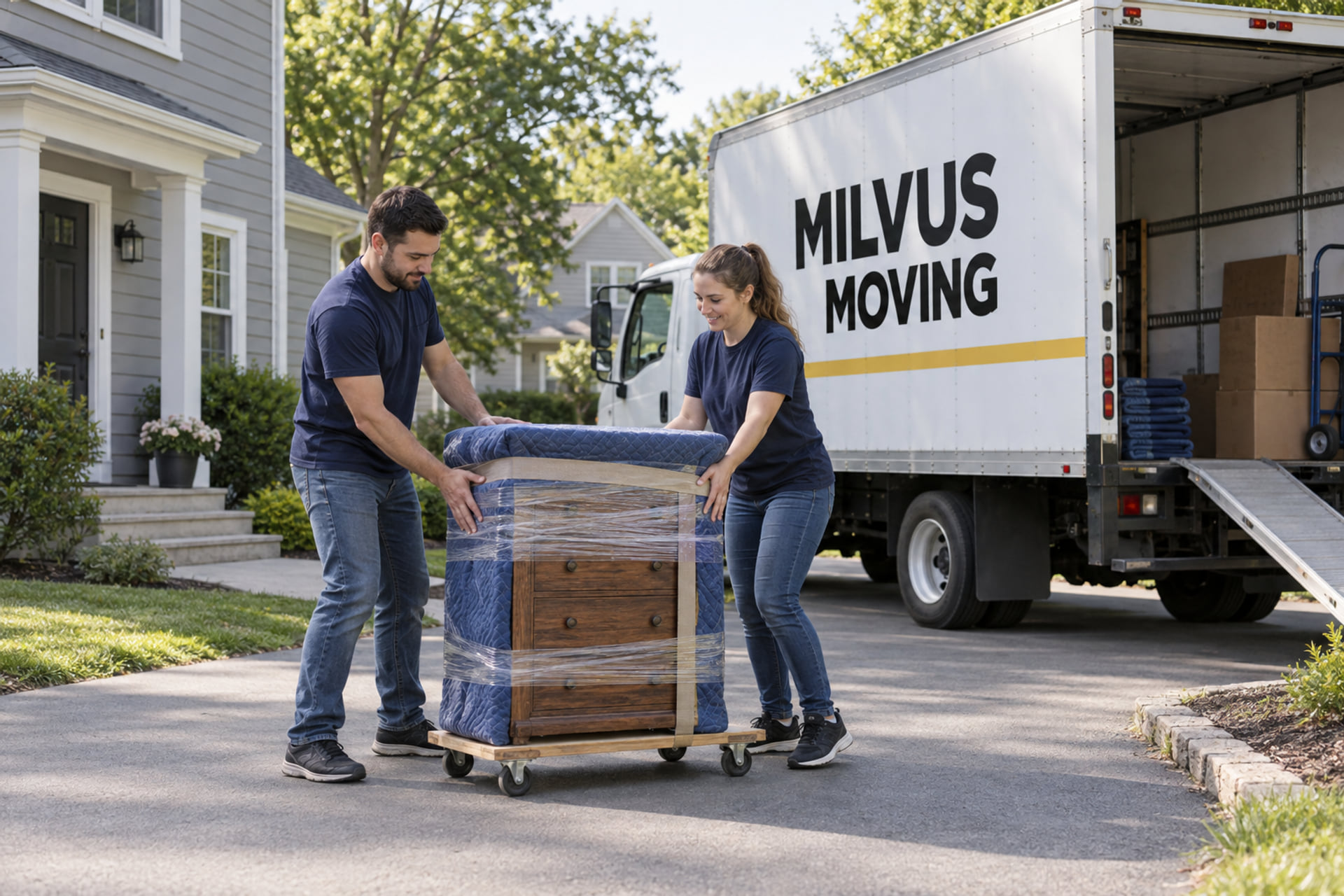 Movers guiding a padded cabinet beside a suburban house
