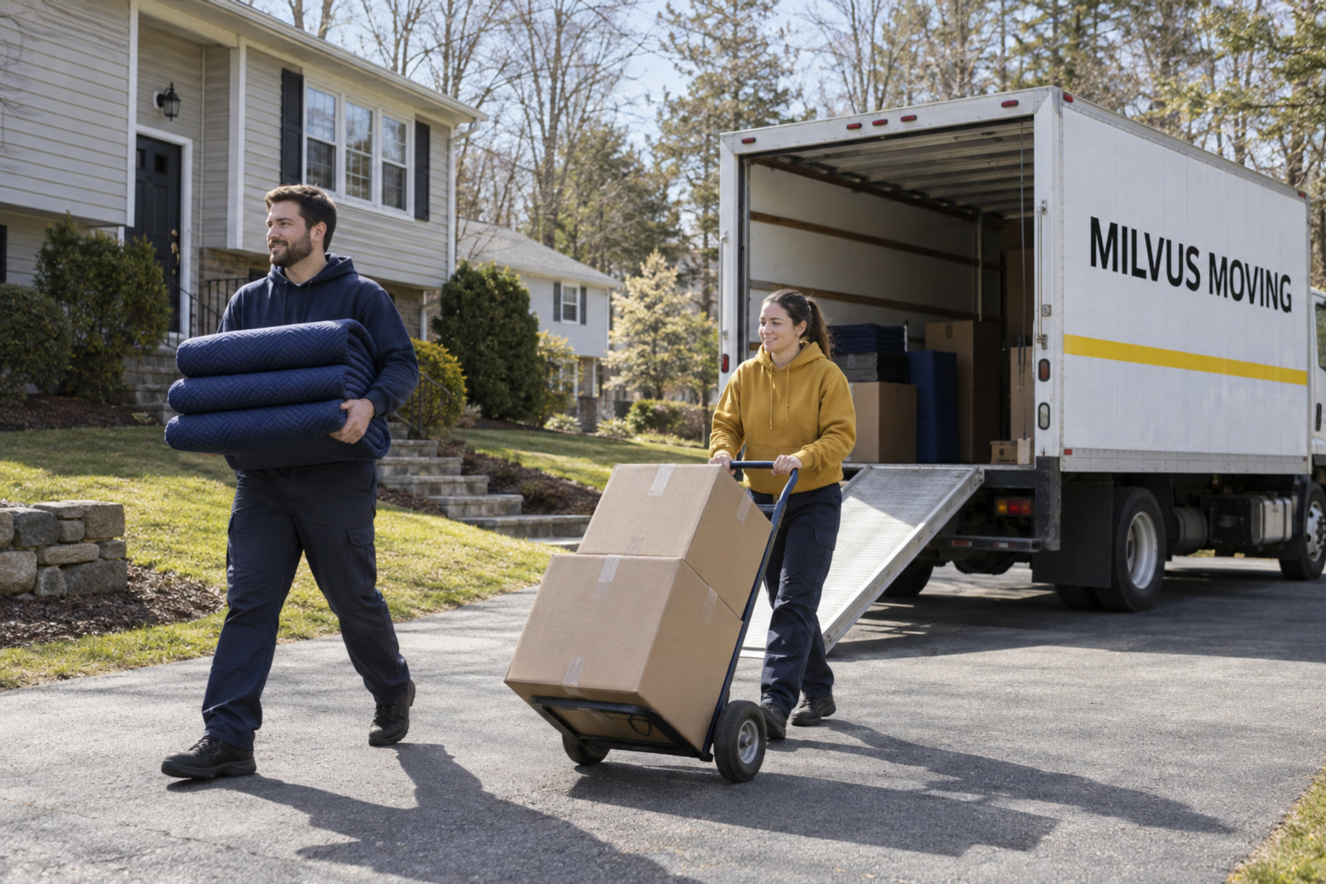 Movers preparing a household load beside a Peabody-style home