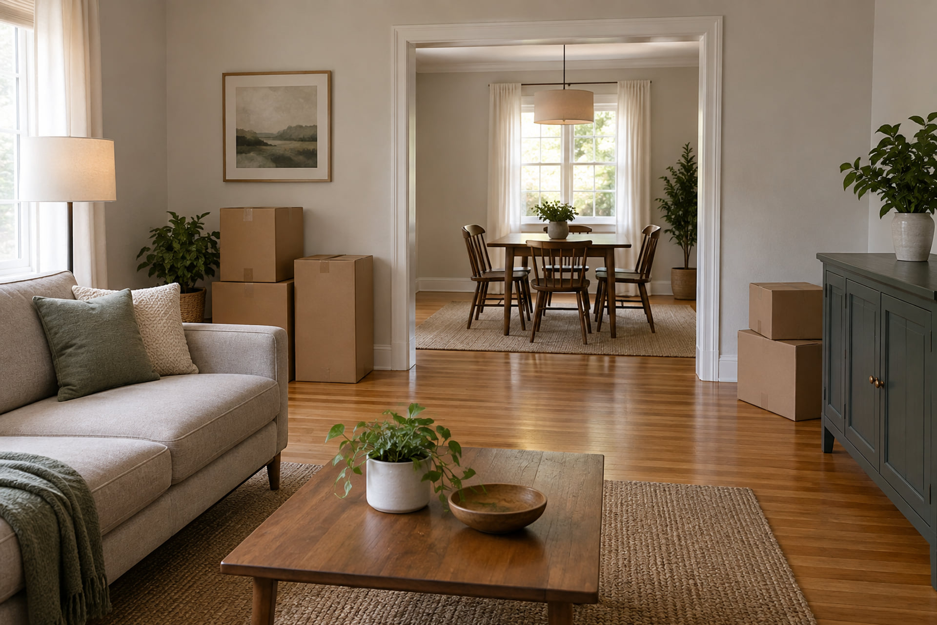 Open living and dining rooms with furniture and grouped cartons
