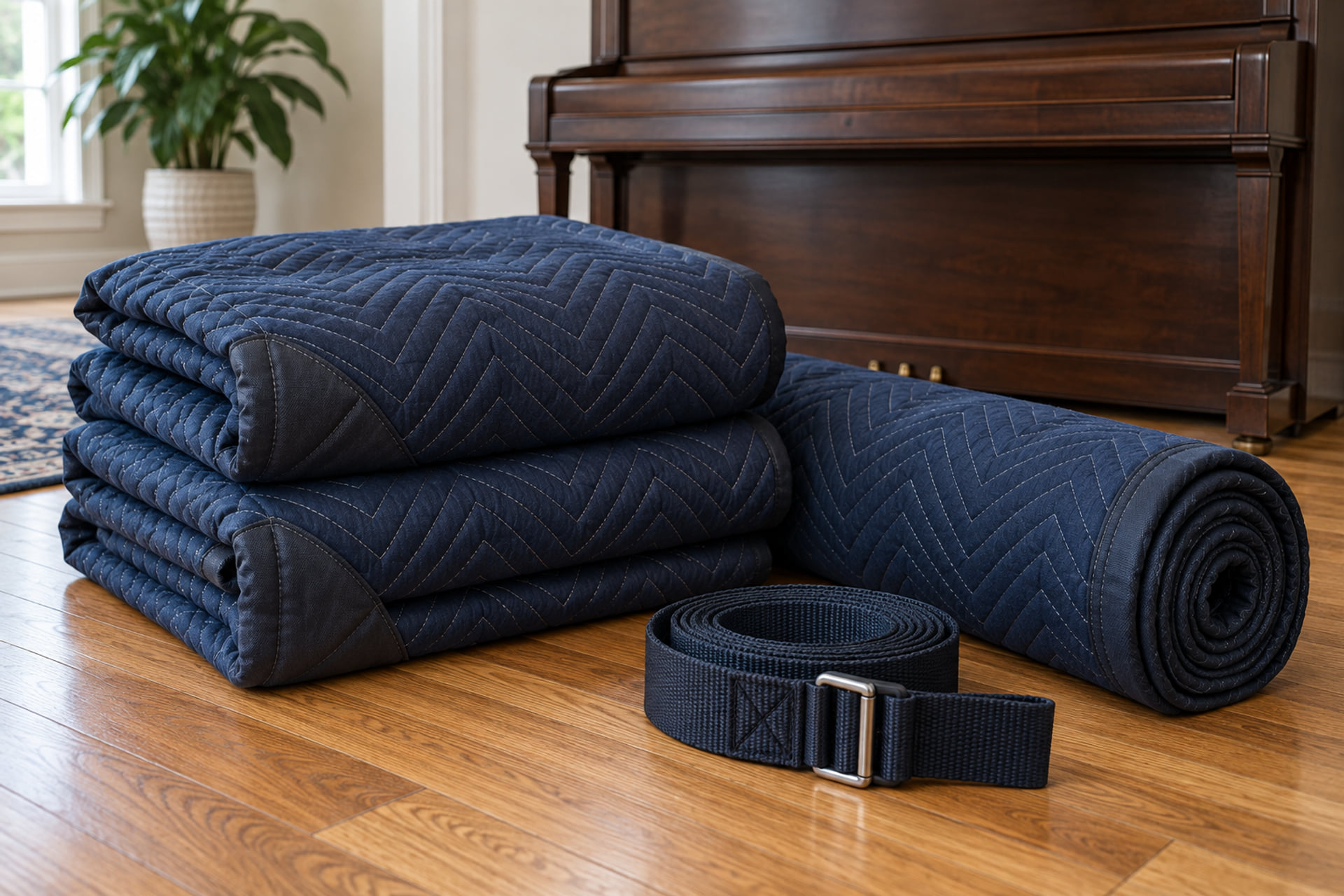 Quilted moving blankets and floor protection prepared near a piano