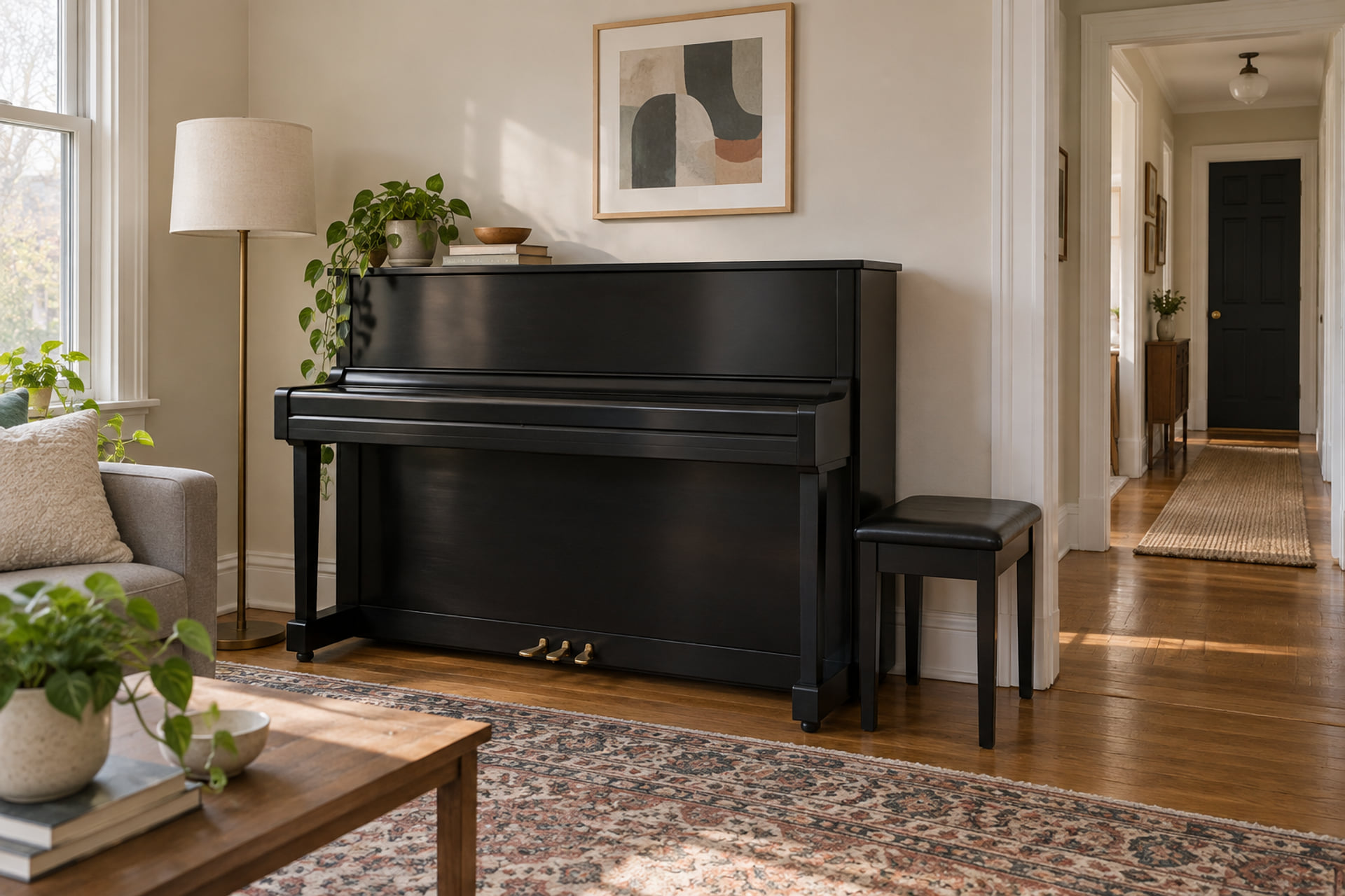 An upright piano and open doorway showing the space needed to plan a move