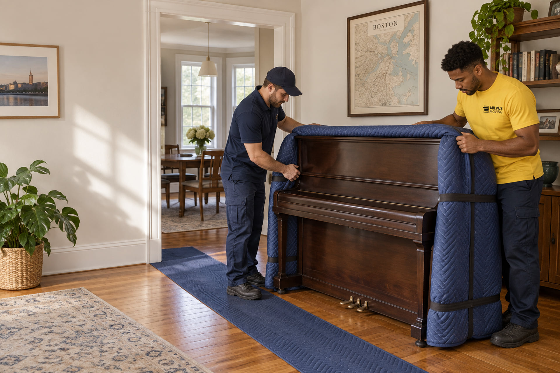 Movers preparing a protected upright piano in a sunlit living room