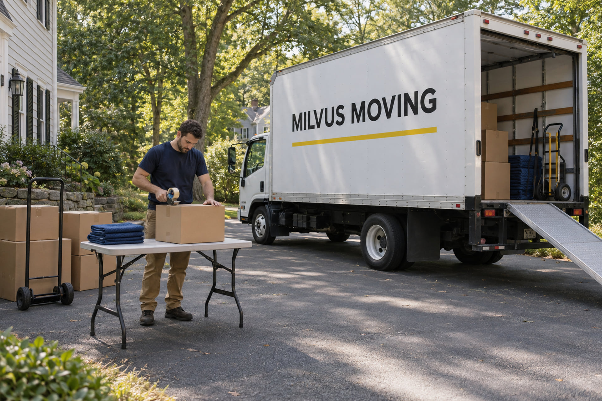 A moving truck outside a Berkshire-style clapboard home