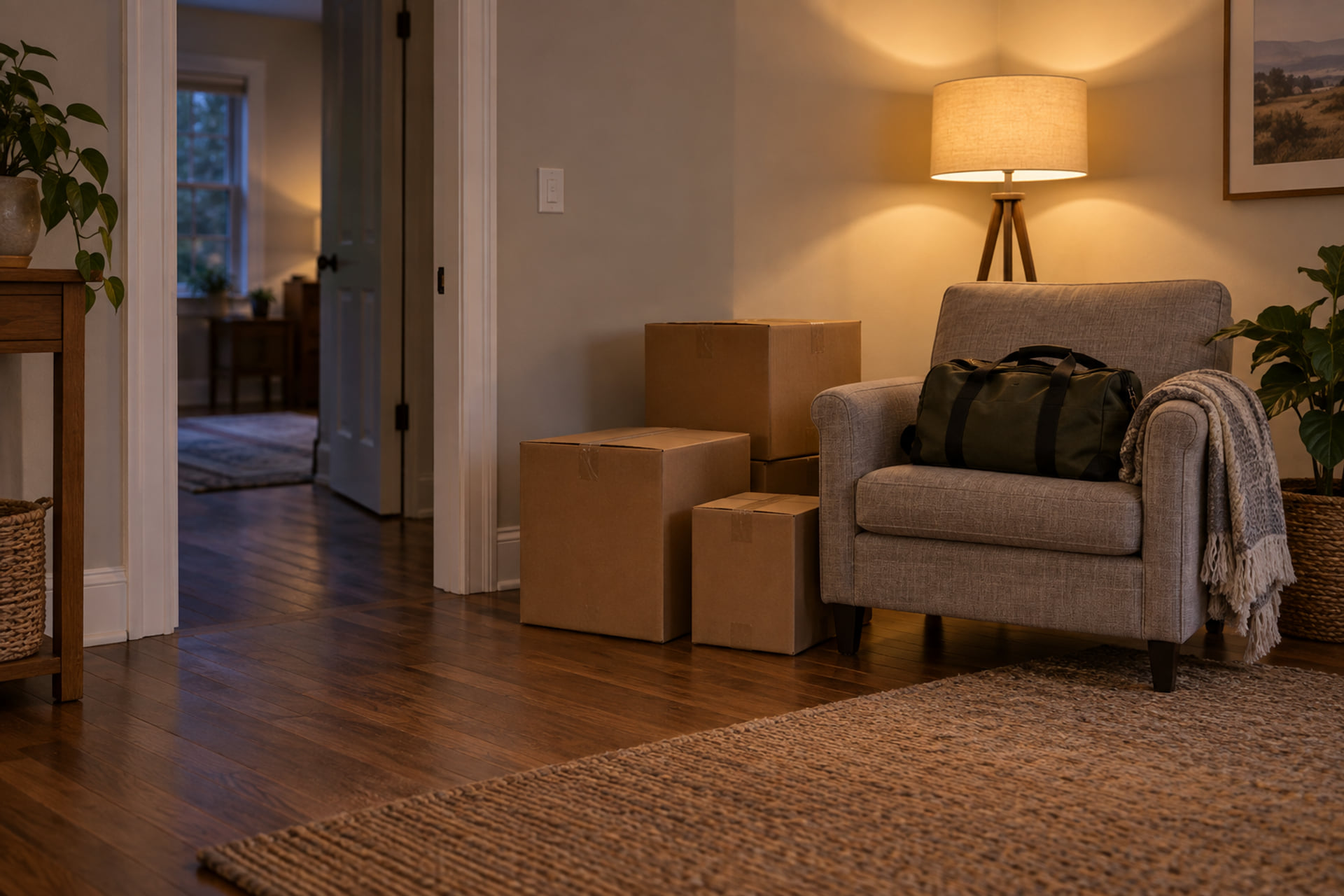 An essentials bag and prepared cartons in a receiving room