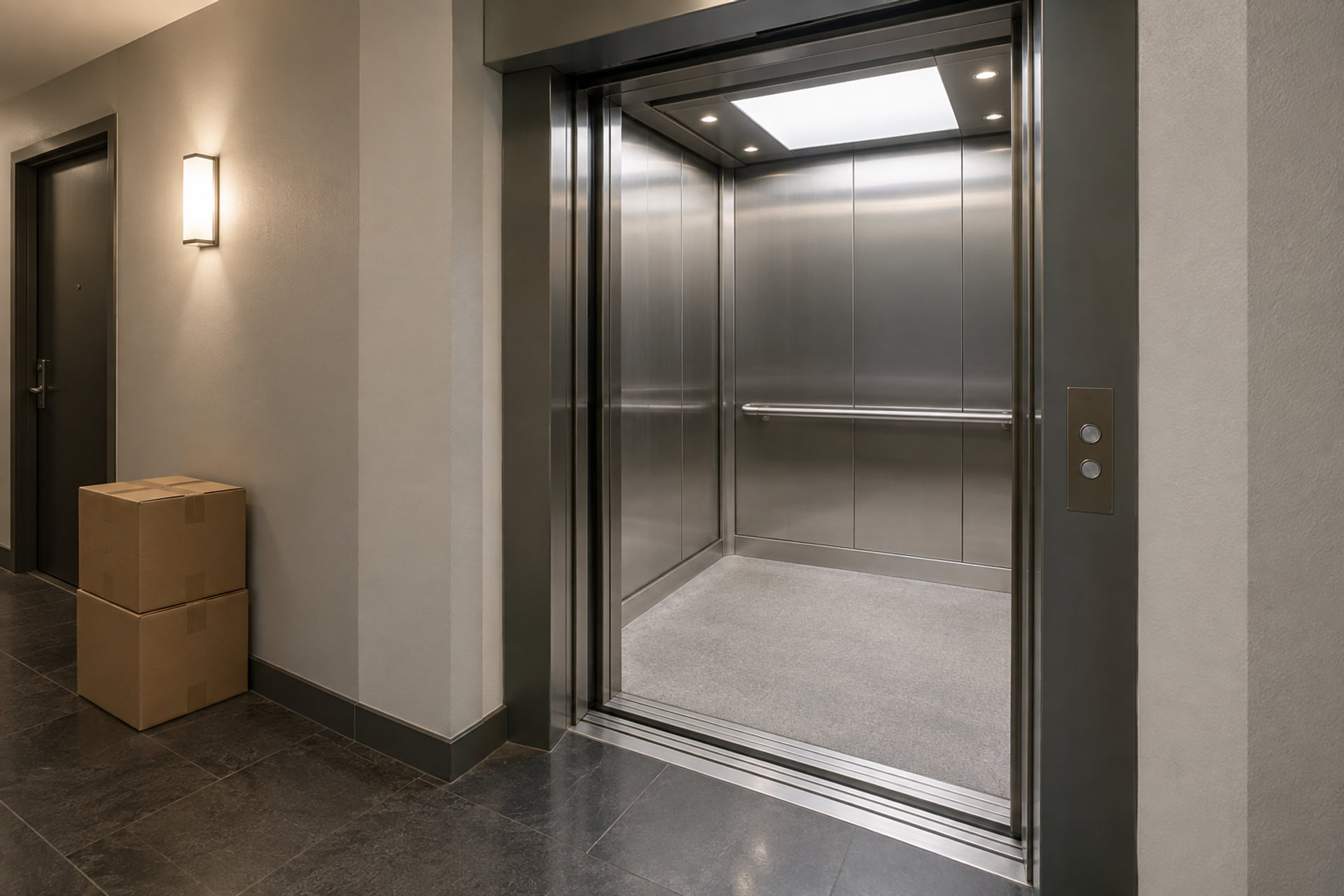 A simple apartment service elevator and clear receiving hallway