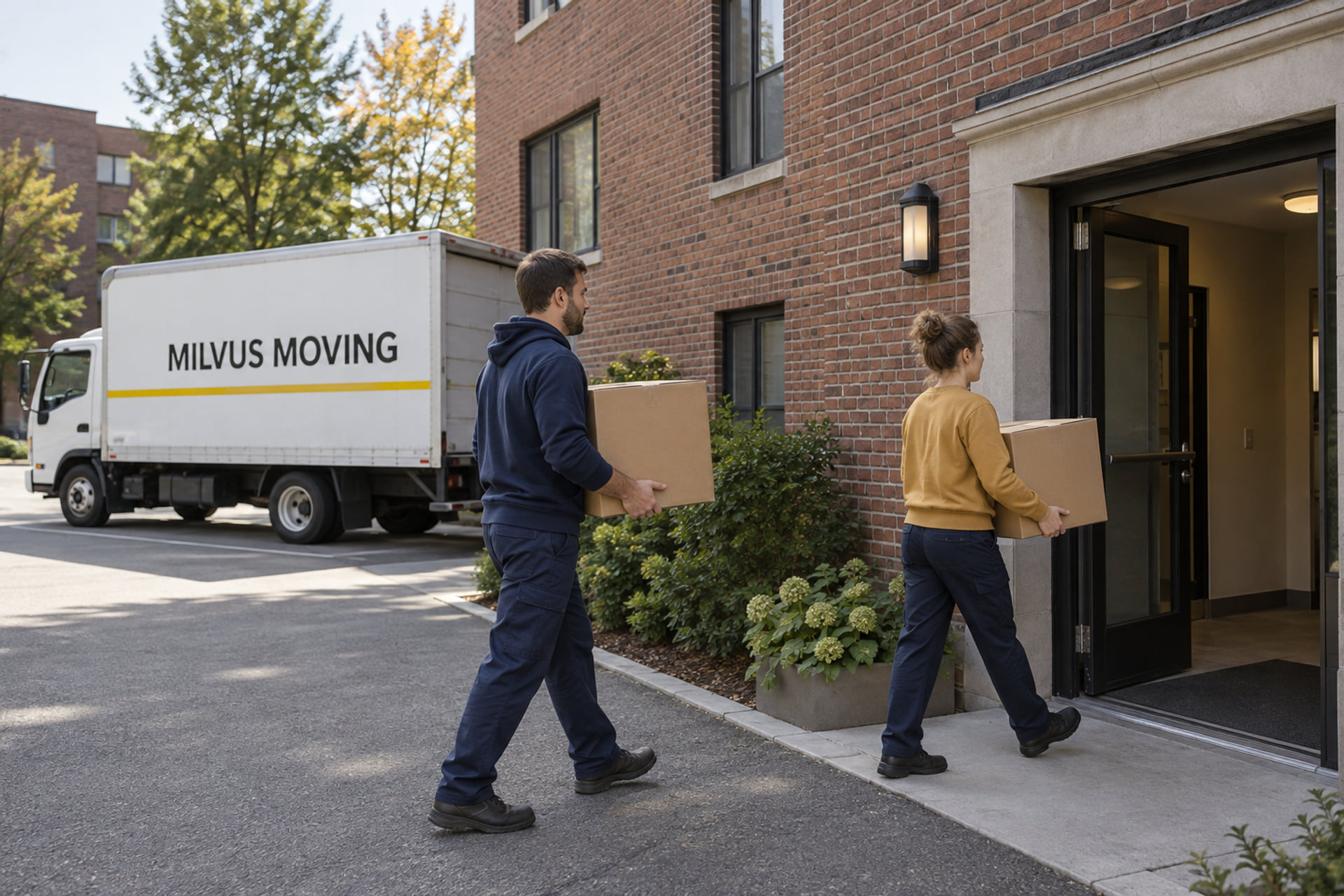 Movers carrying cartons near an apartment loading entrance