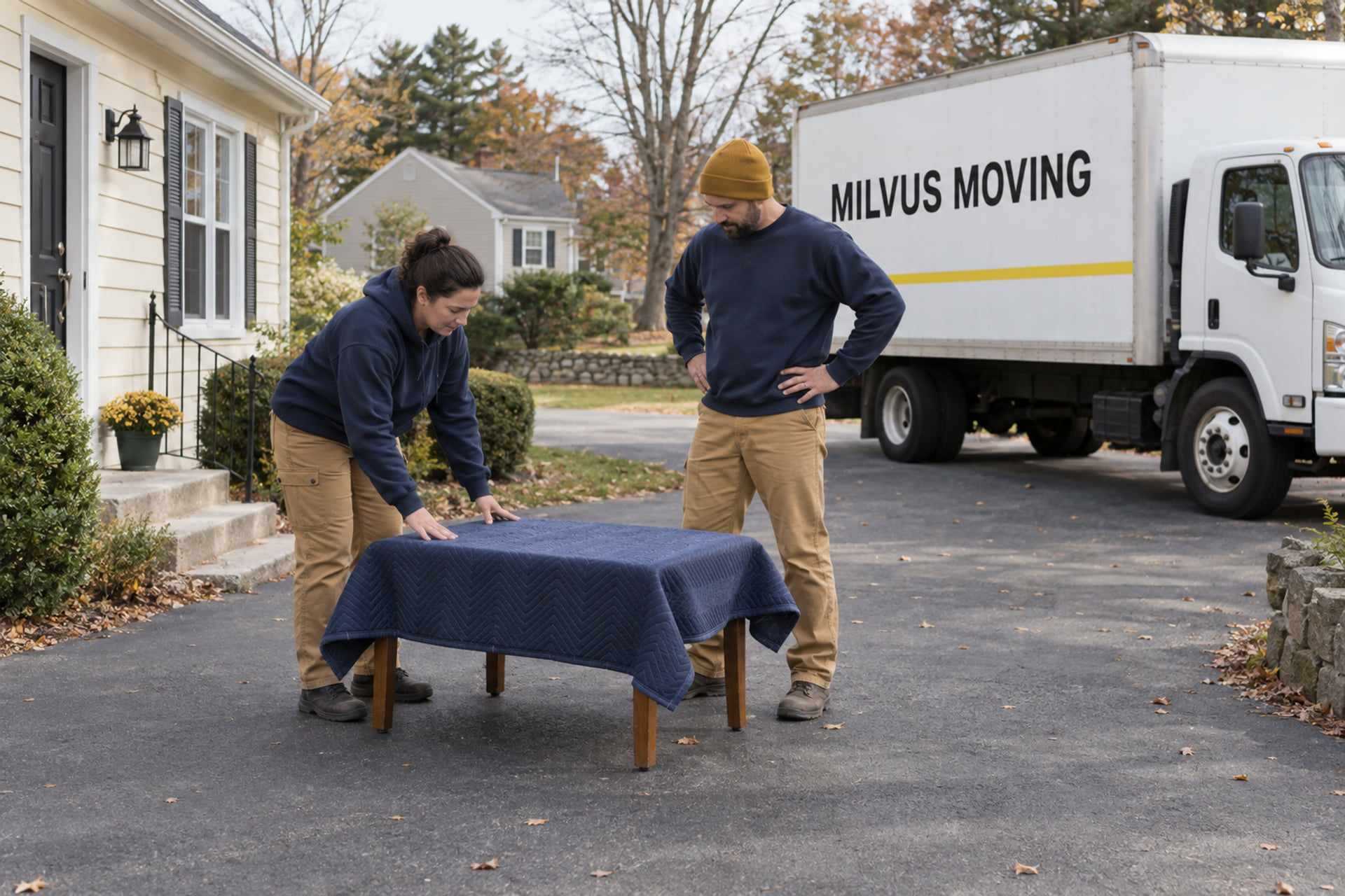 Movers preparing wrapped furniture by a suburban home
