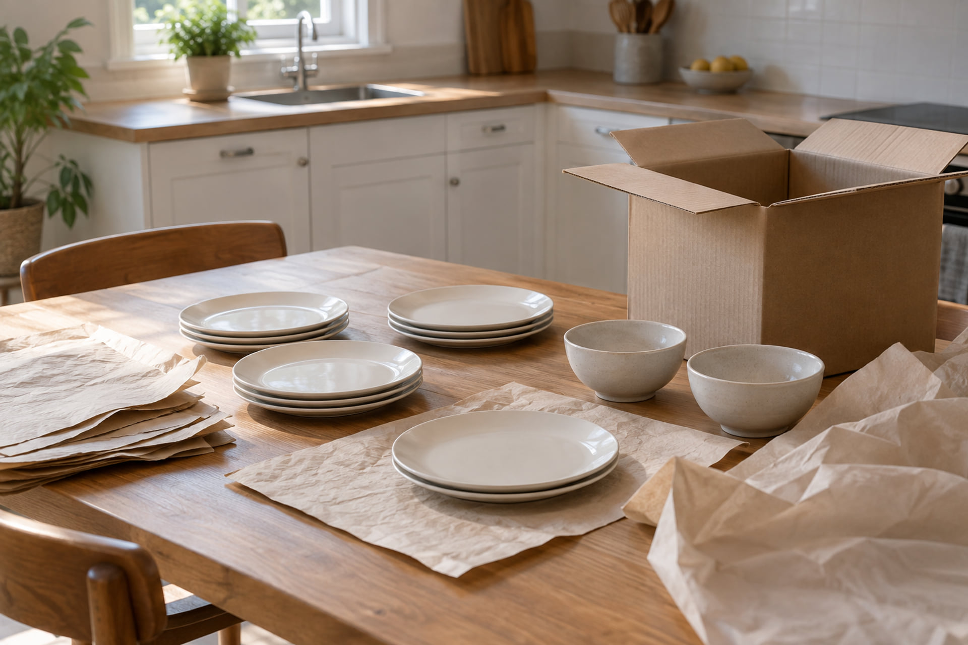 Kitchenware and packing materials on a household table