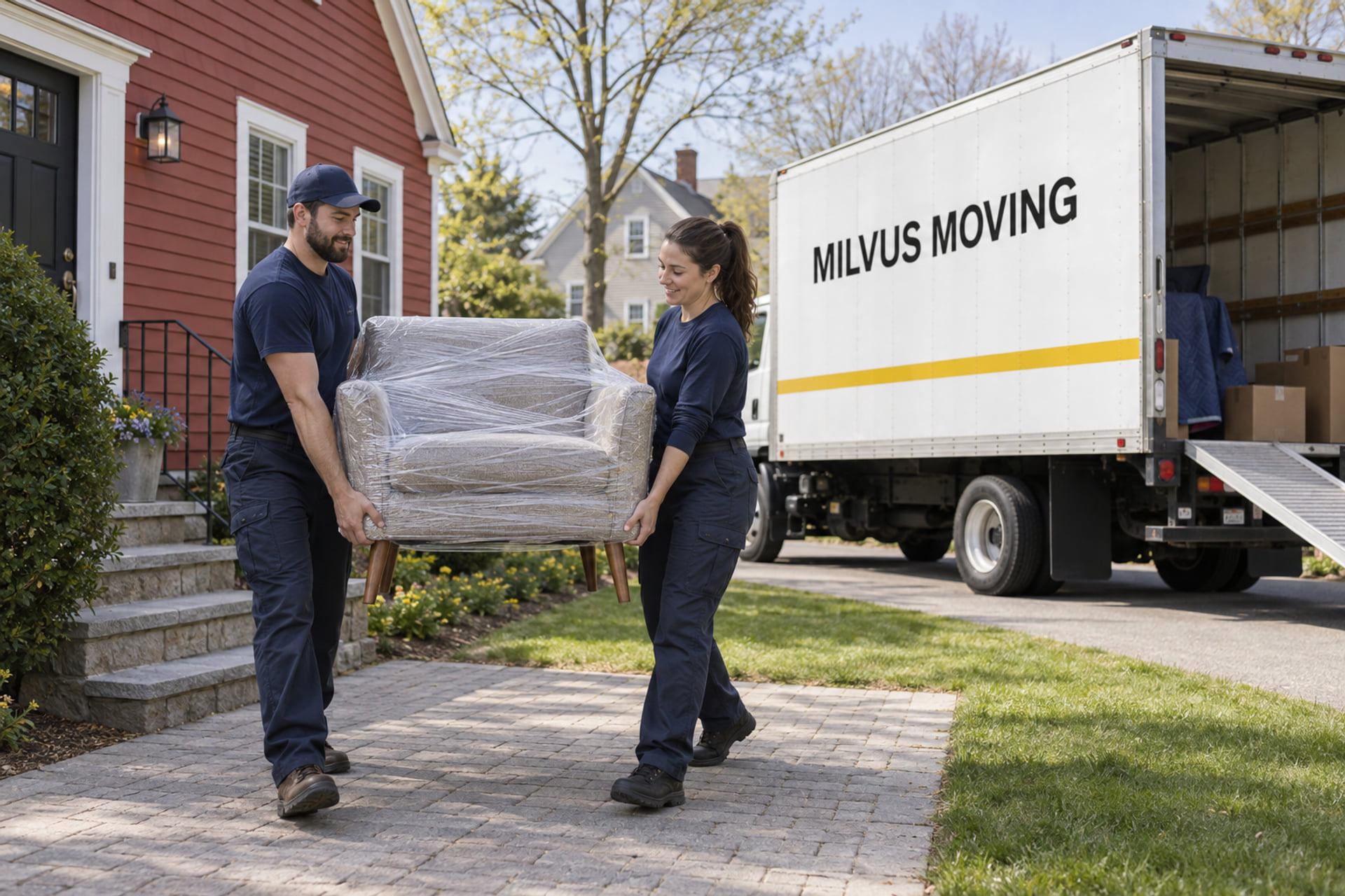 Movers carrying a protected upholstered chair outside a Reading-style home