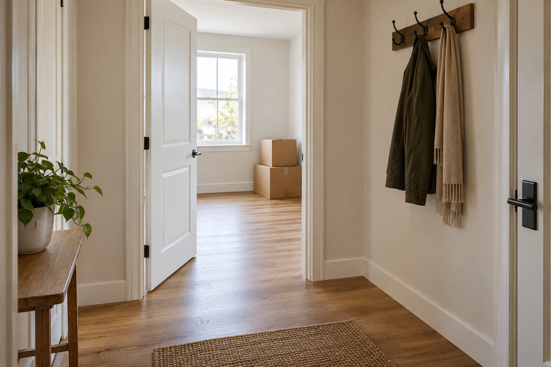 A clear apartment entrance with packed belongings kept inside