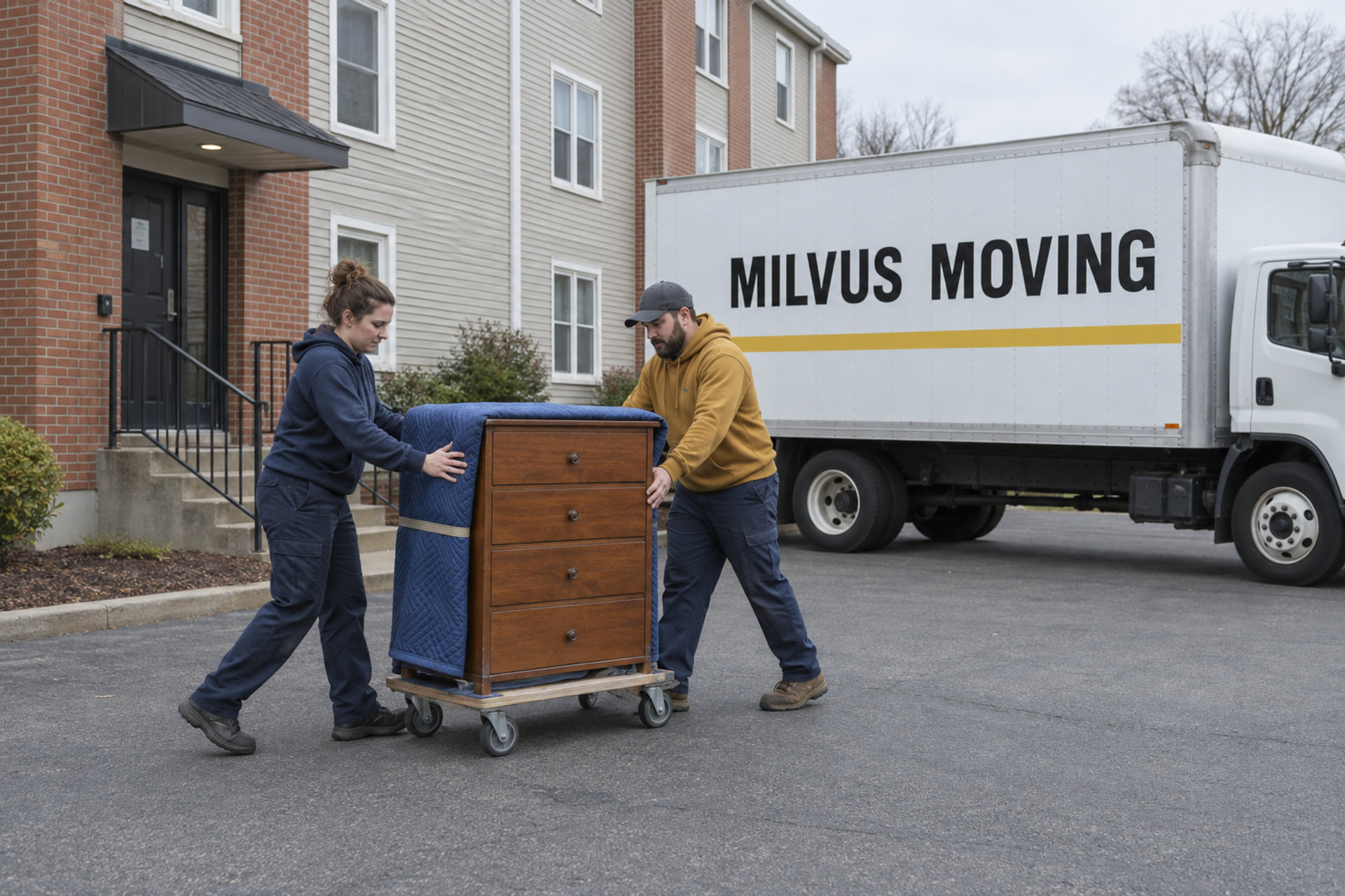 Movers with a protected dresser outside a coastal-city apartment