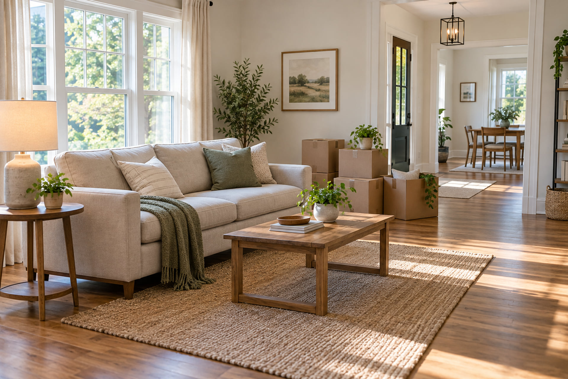 A living room arranged with a sofa and a few remaining moving boxes