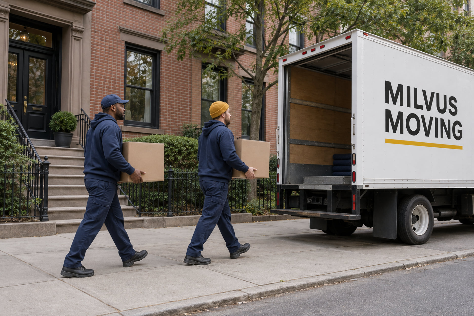 Movers carrying cartons outside a Boston walk-up building
