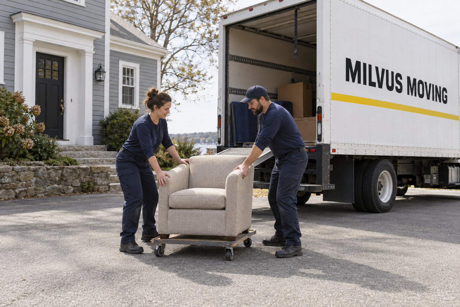Movers preparing a padded armchair beside a New England home