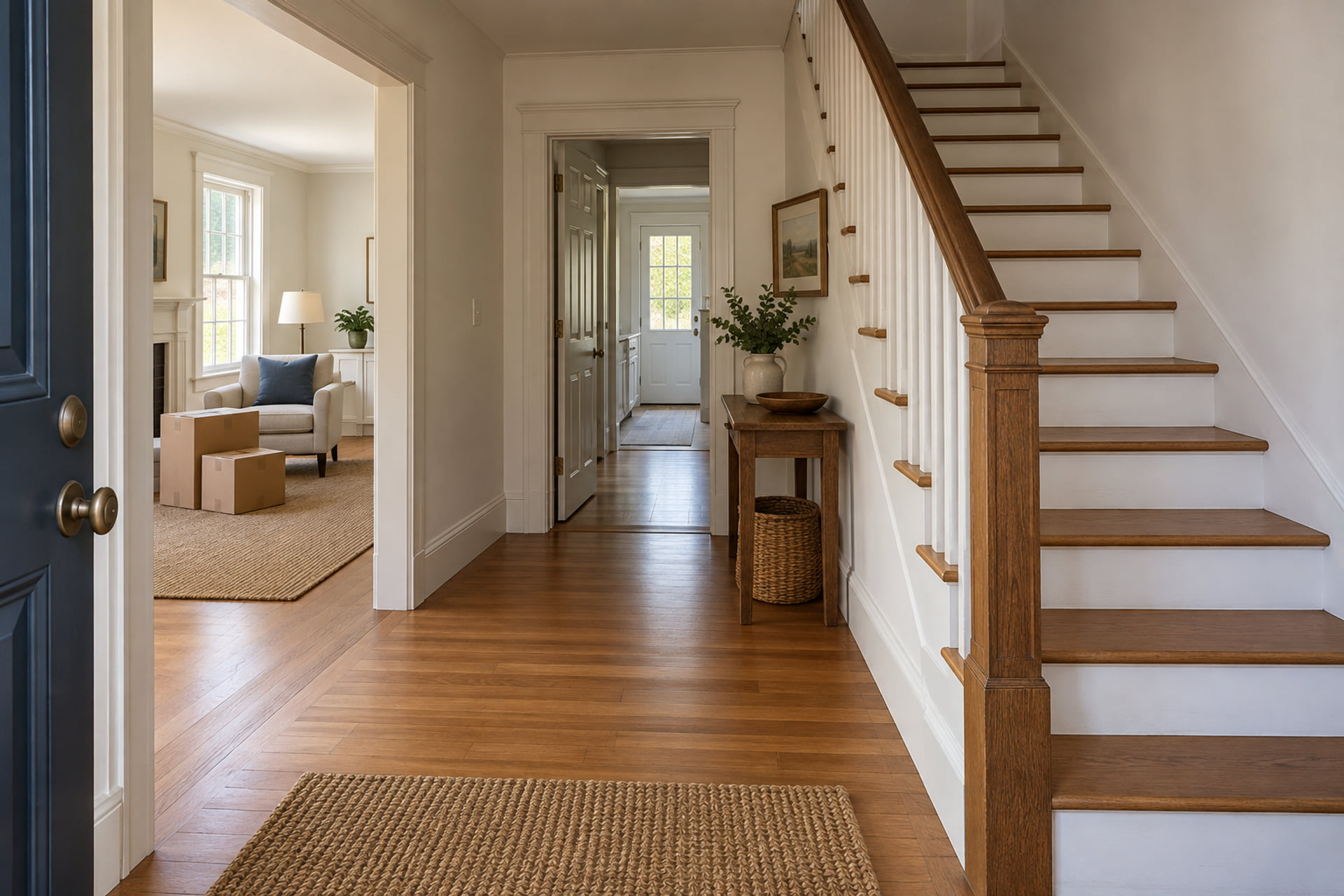 An older home doorway and staircase prepared for moving