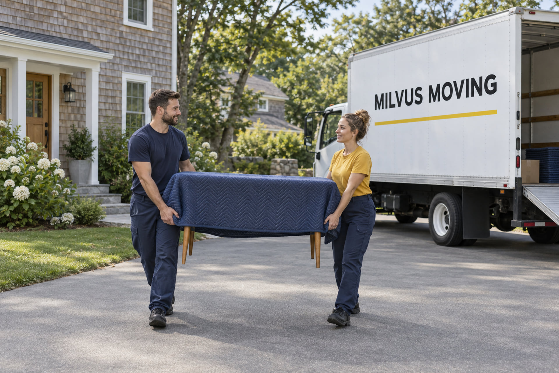 Movers carrying a protected table beside a coastal New England house