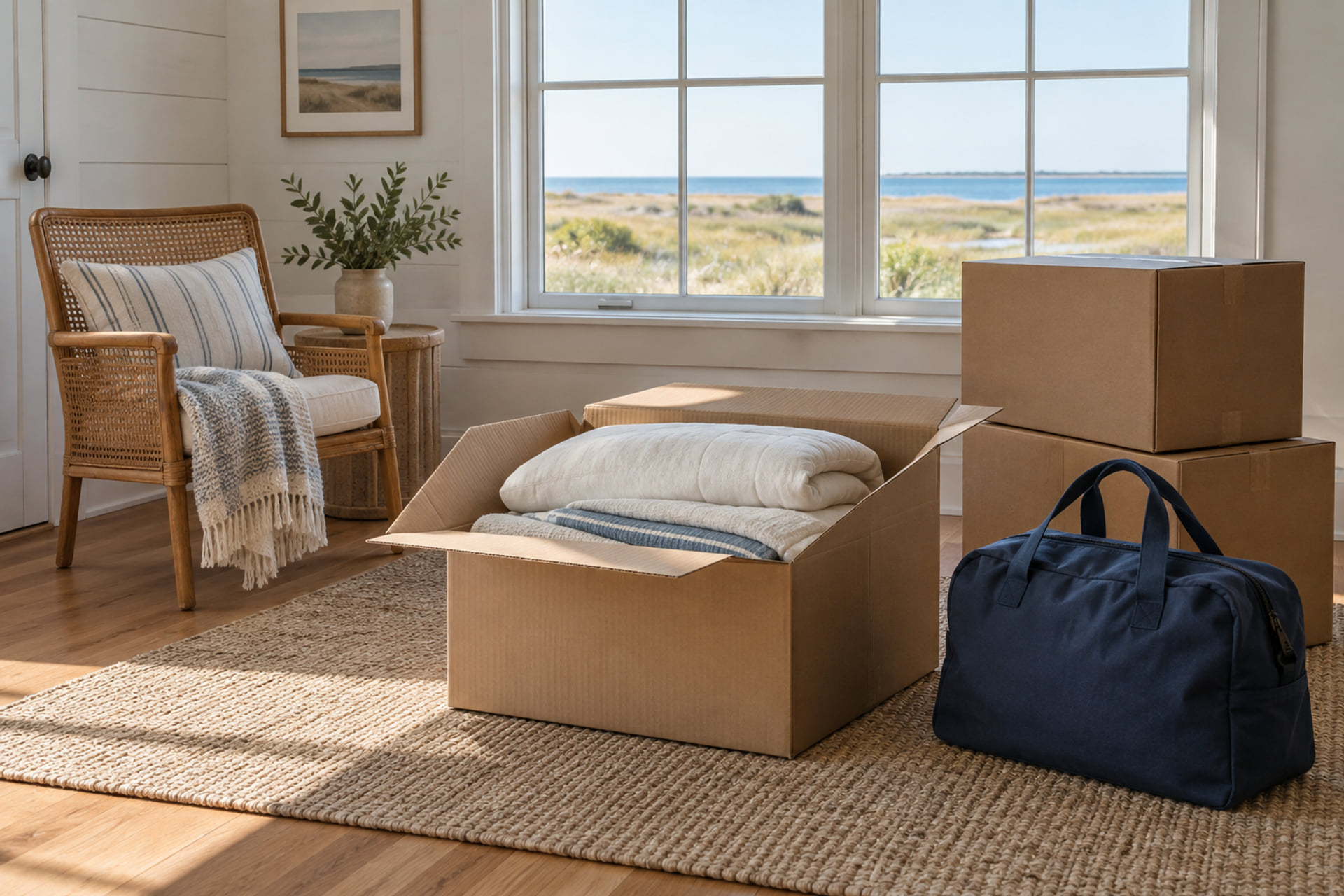 Packed seasonal belongings in a coastal-style room