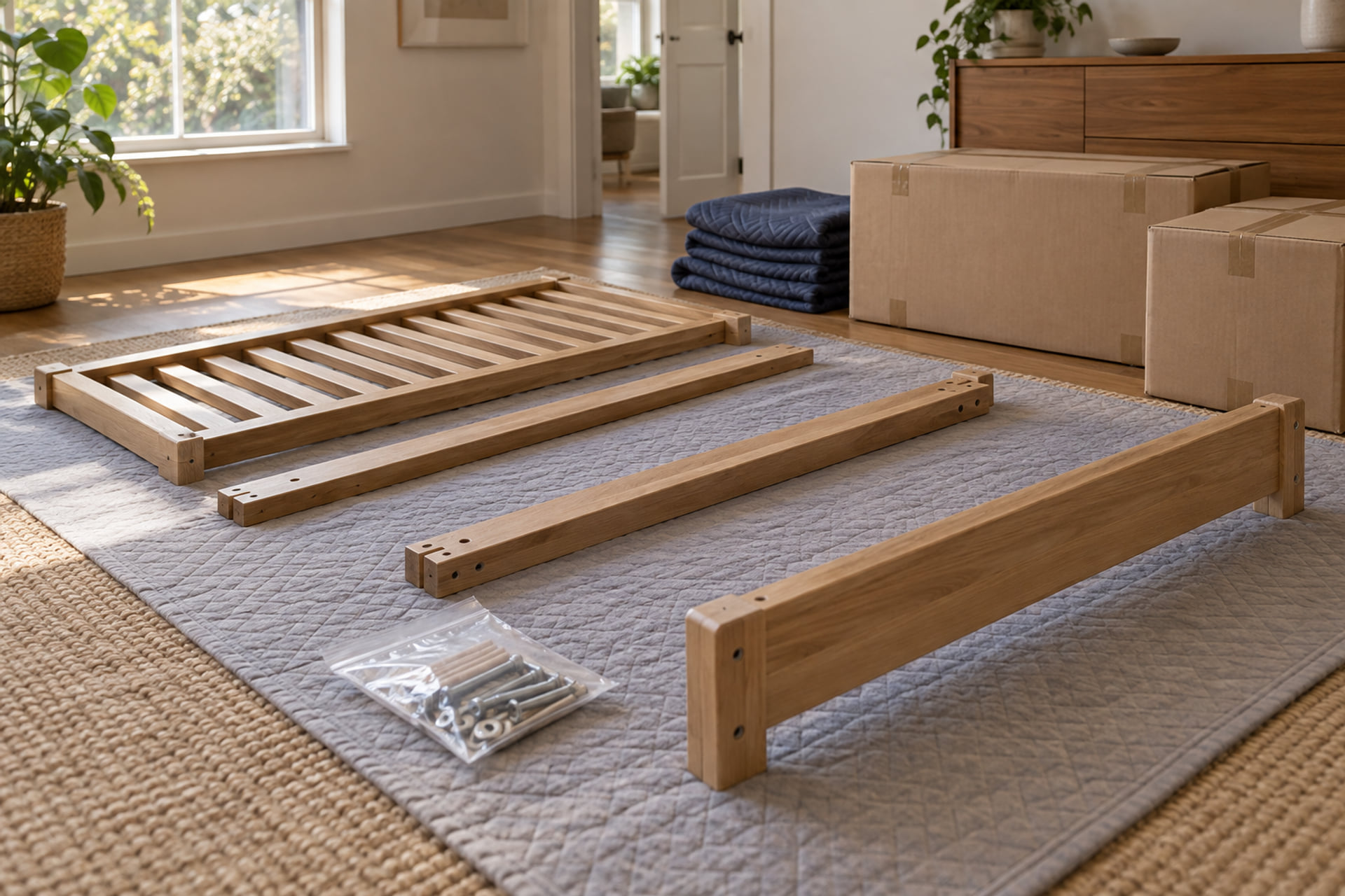 Furniture hardware and packing materials prepared inside a home