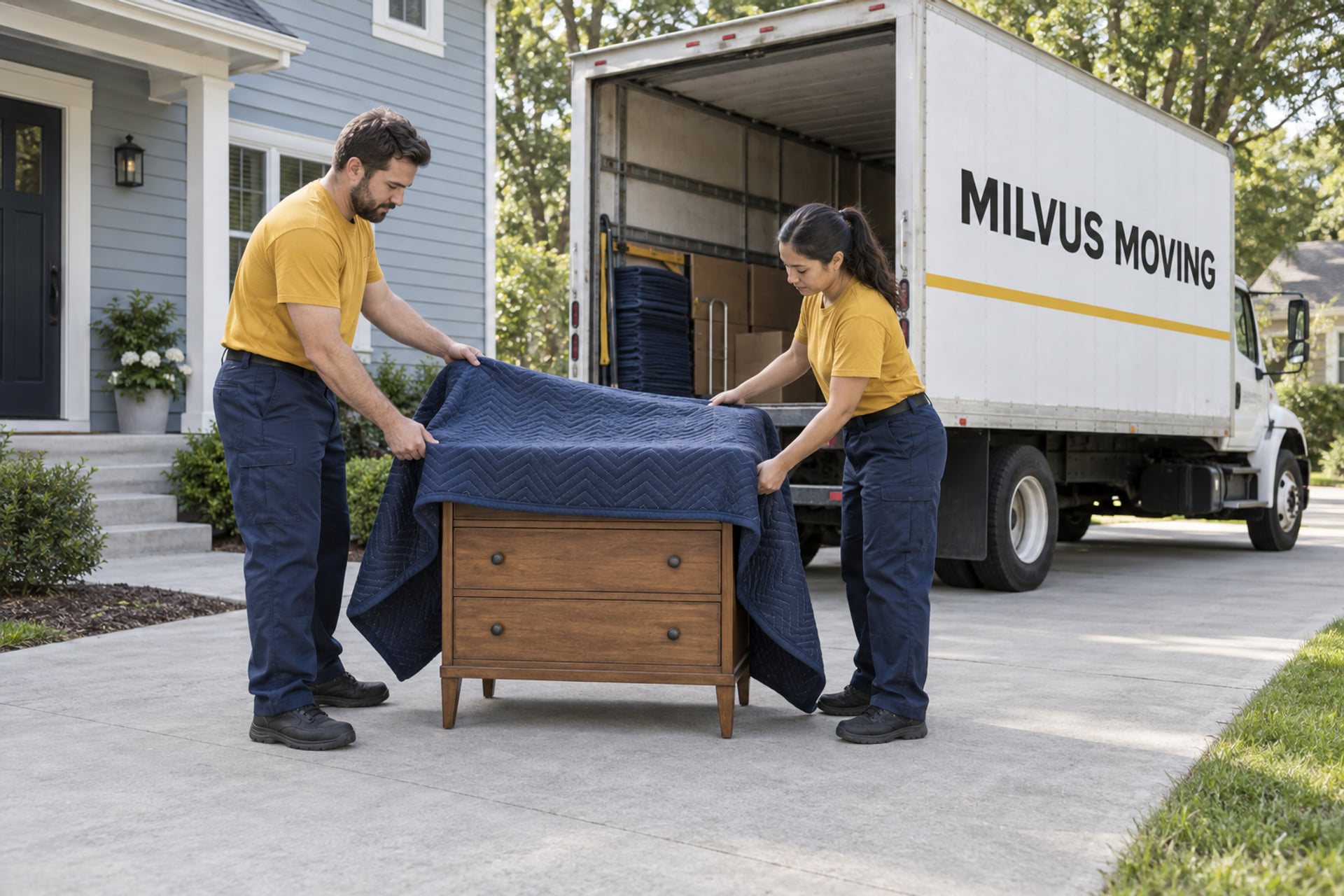 Movers preparing a small dresser beside a suburban house