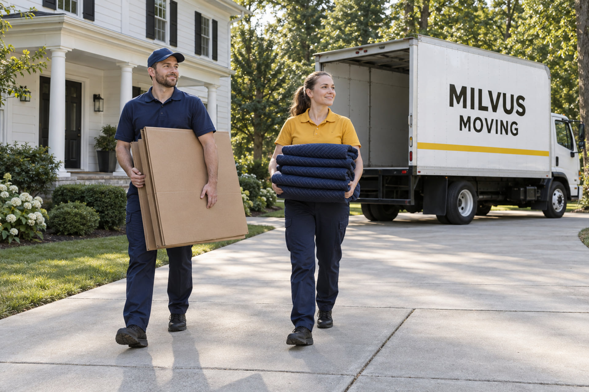 Movers organizing packing supplies at a suburban home