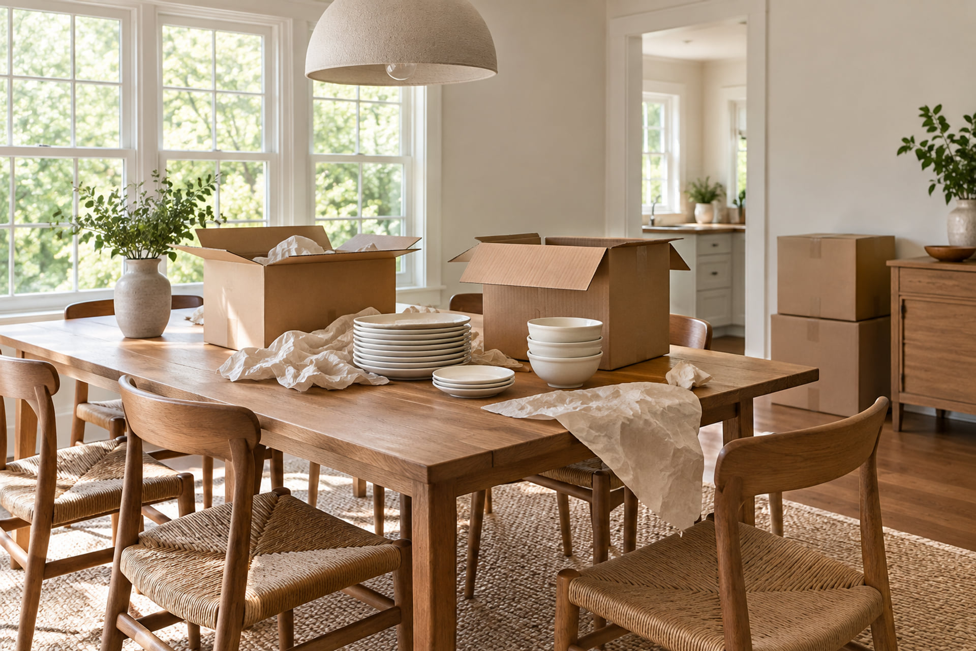 A dining room set up for household packing
