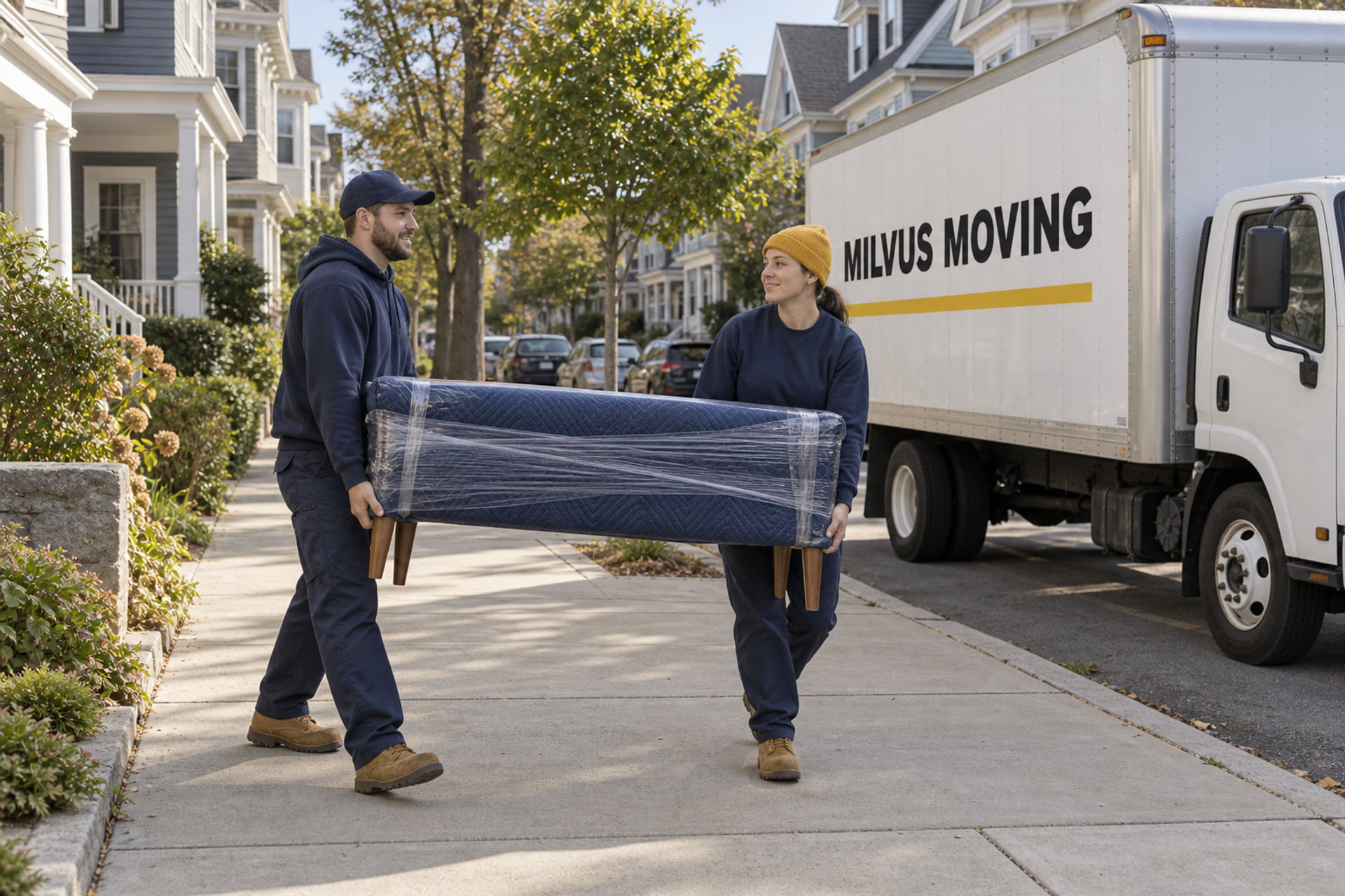 Movers carrying a protected bench outside a Somerville-style building
