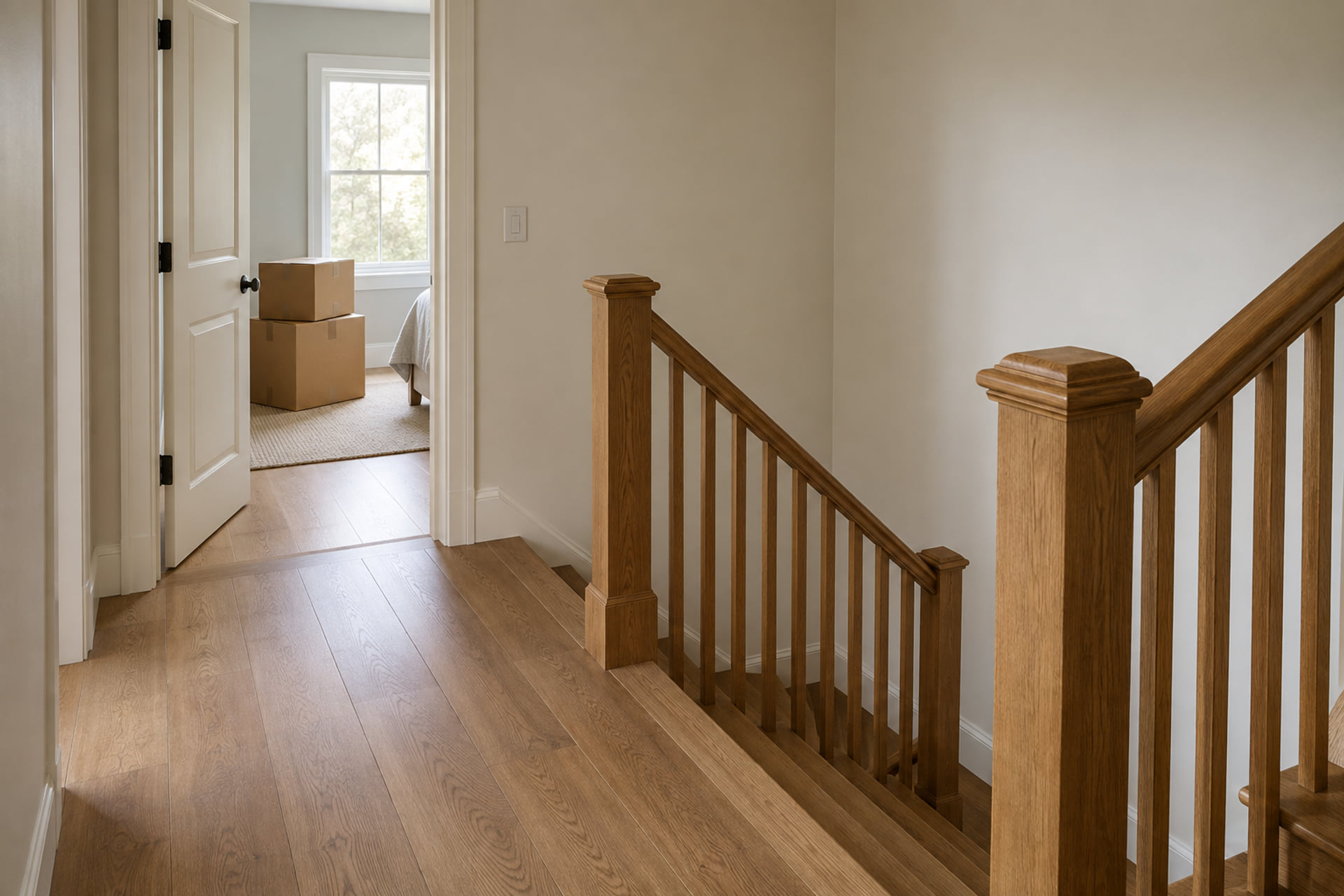 A clear apartment stair landing with belongings kept inside the room