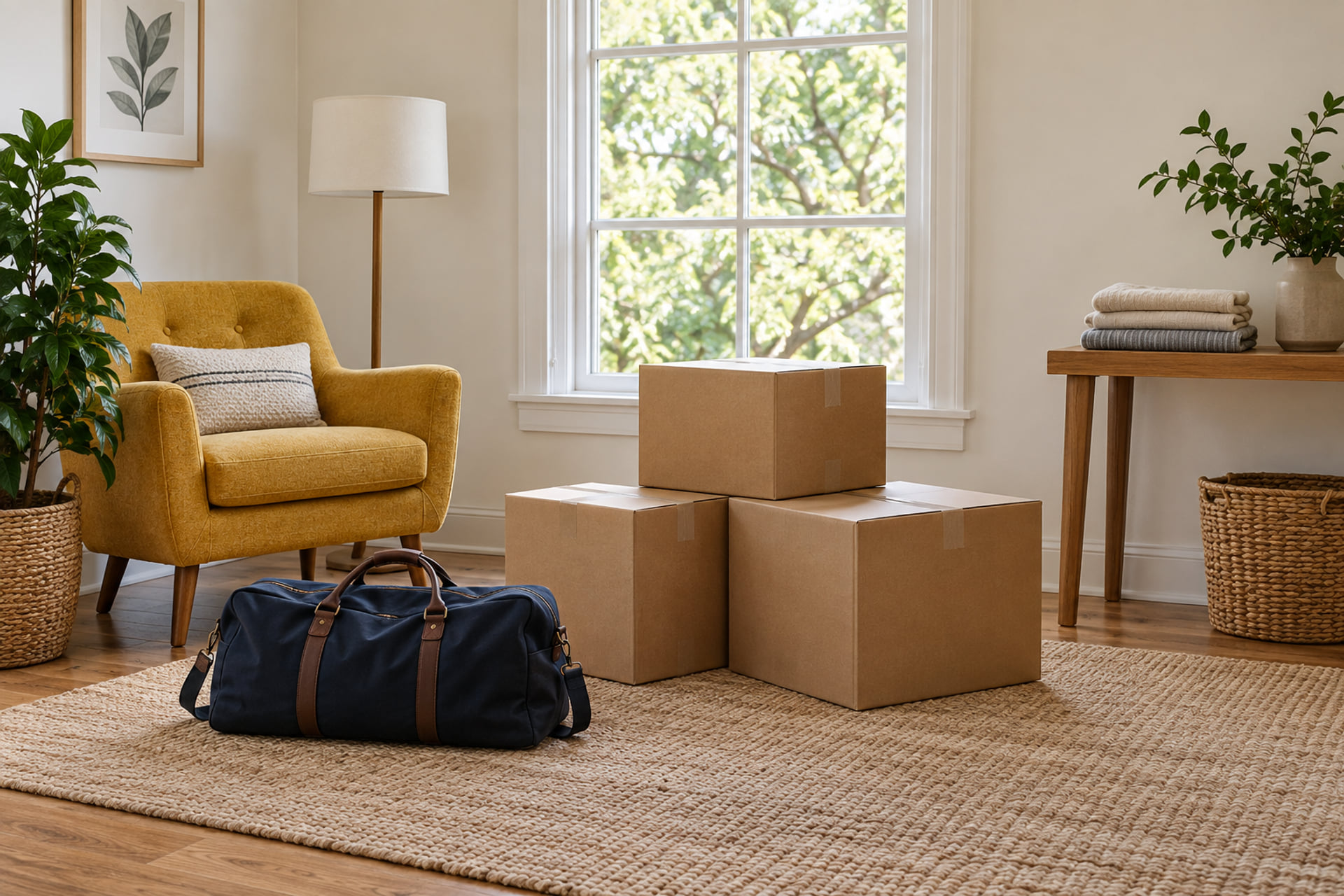 Packed belongings and a clear receiving room