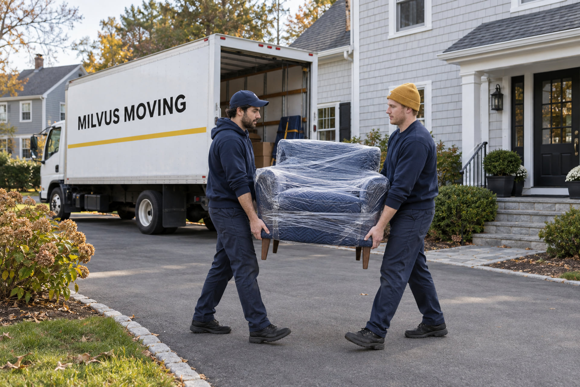 Movers loading a protected armchair outside a South Shore-style house
