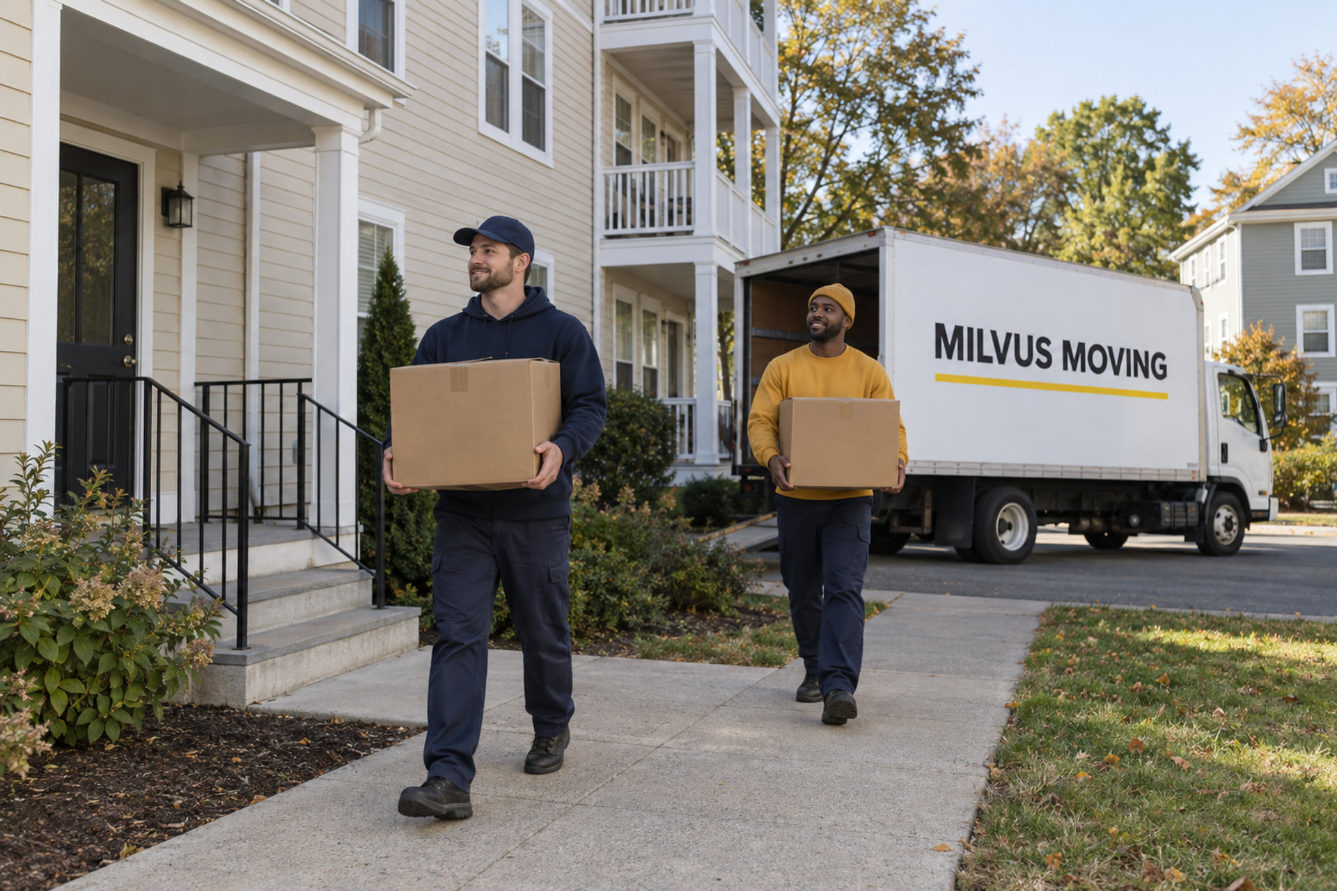 Movers collecting cartons outside a Massachusetts apartment